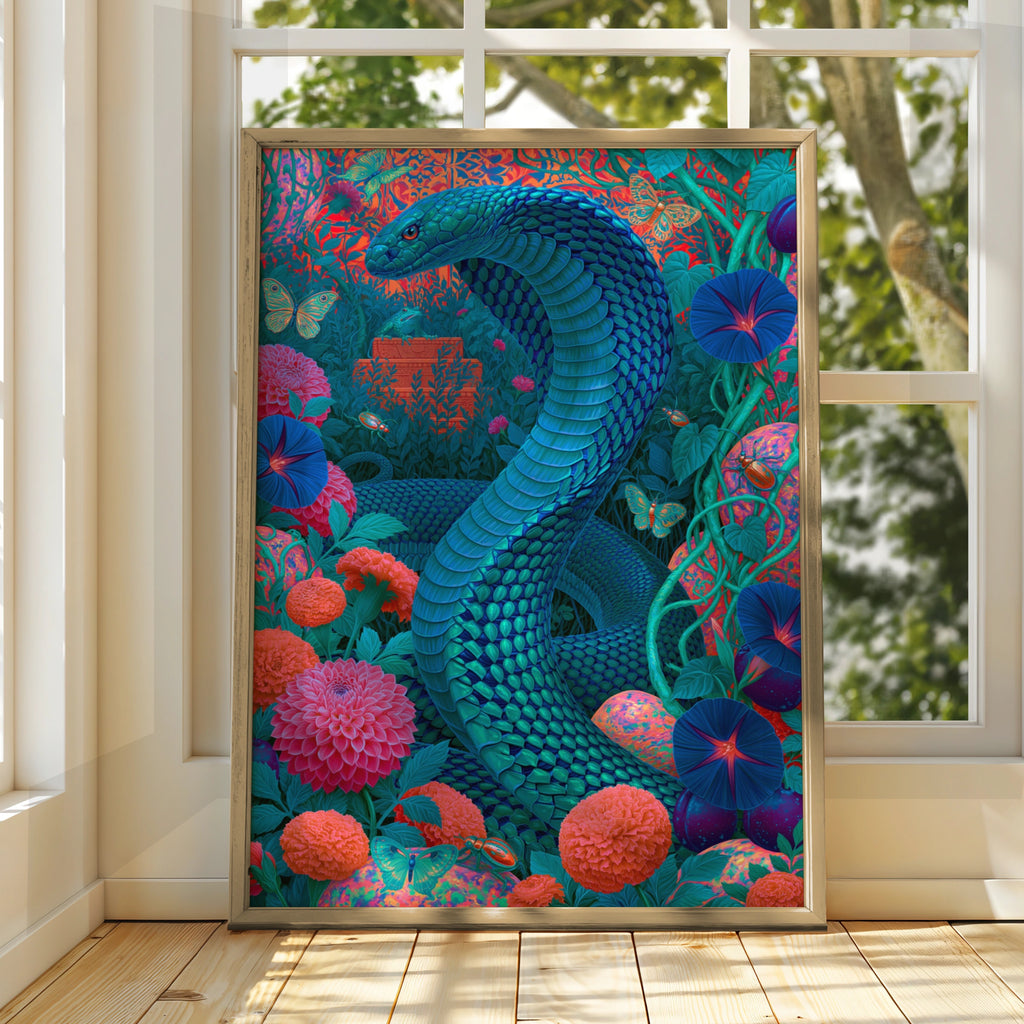 Blue Cobra Snake Floral Poster, Psychedelic Botanical Wall Art Print