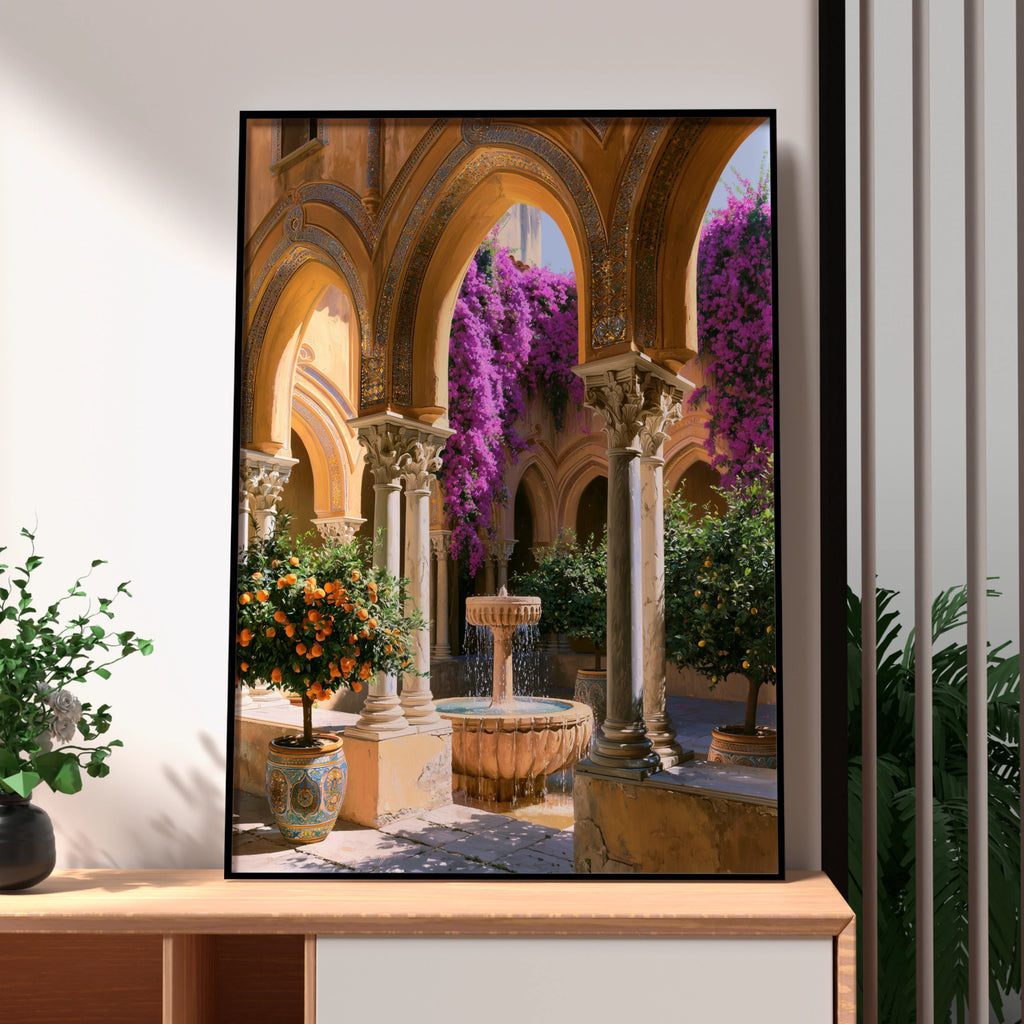 Sicilian Courtyard Mosaic Poster, Mediterranean Fountain Wall Art Print