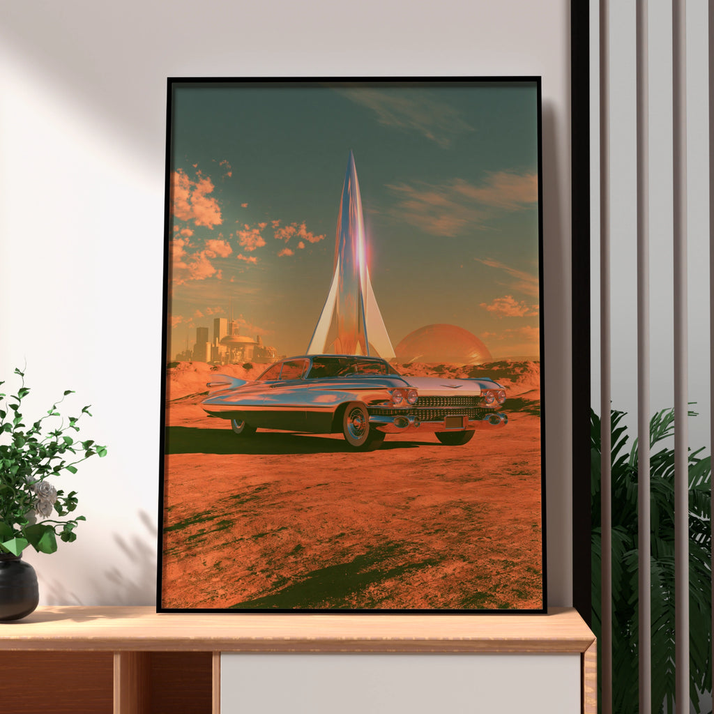 Retro Futuristic Car Planet Rocket Poster, Classic Cadillac Space Art Print