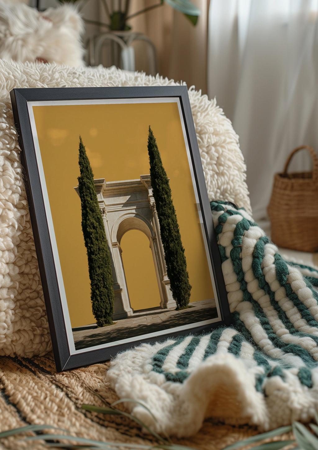 Roman Arch Cypress Trees Poster, Classical Architecture Print, Yellow Minimalist Wall Art