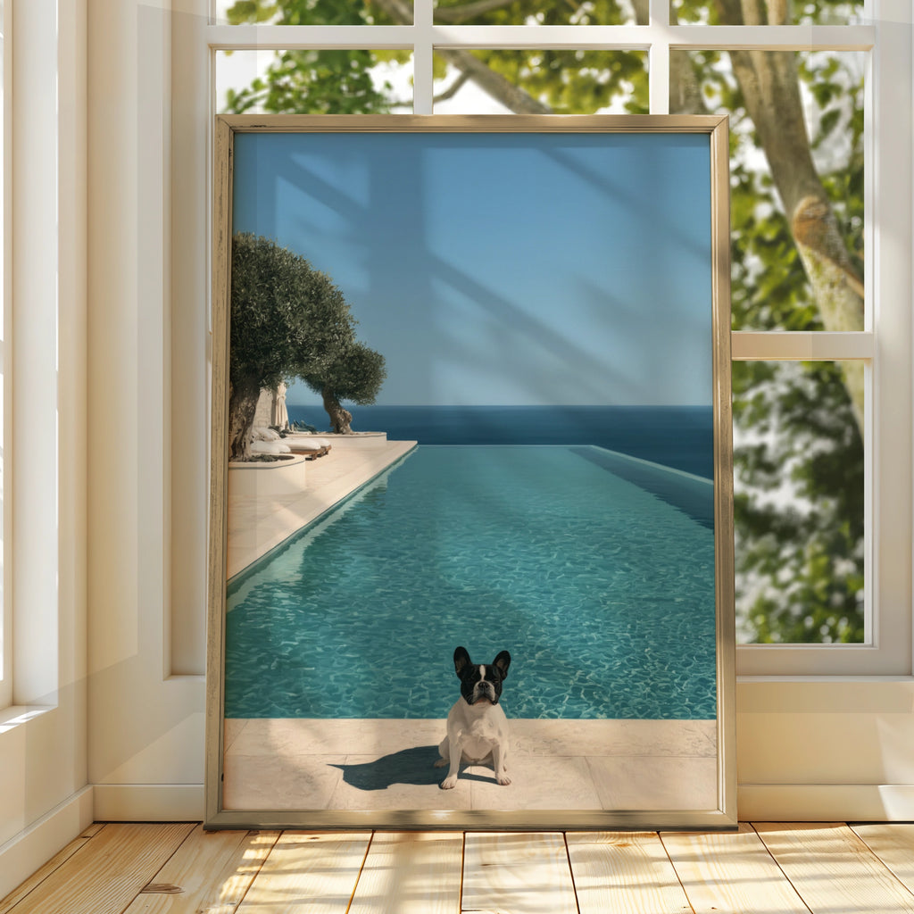 French Bulldog Infinity Pool Poster, Mediterranean Olive Tree, Luxury Wall Art