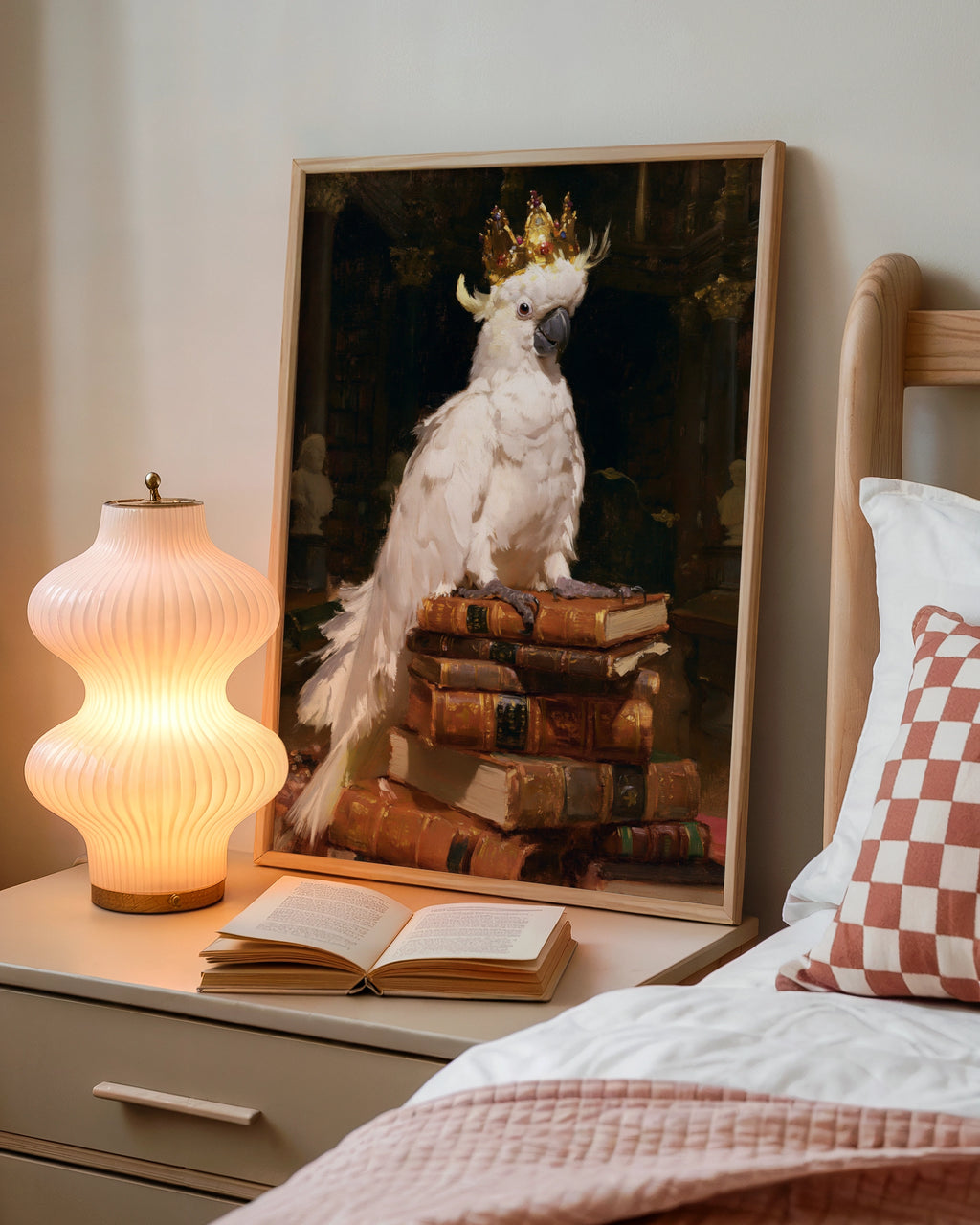 Crowned Cockatoo on Books Poster, Royal Bird Library Wall Art Print