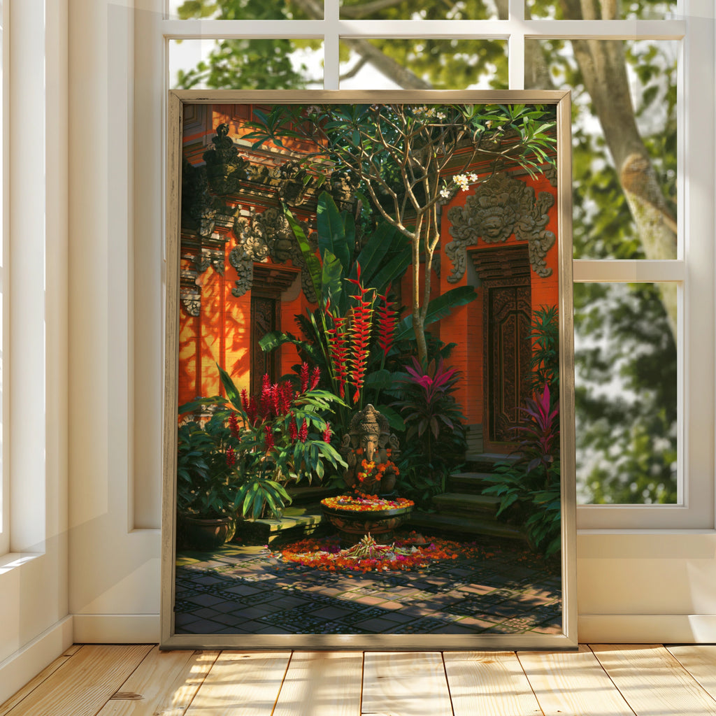 Balinese Courtyard Ganesha Poster, Tropical Temple Garden, Bali Wall Art