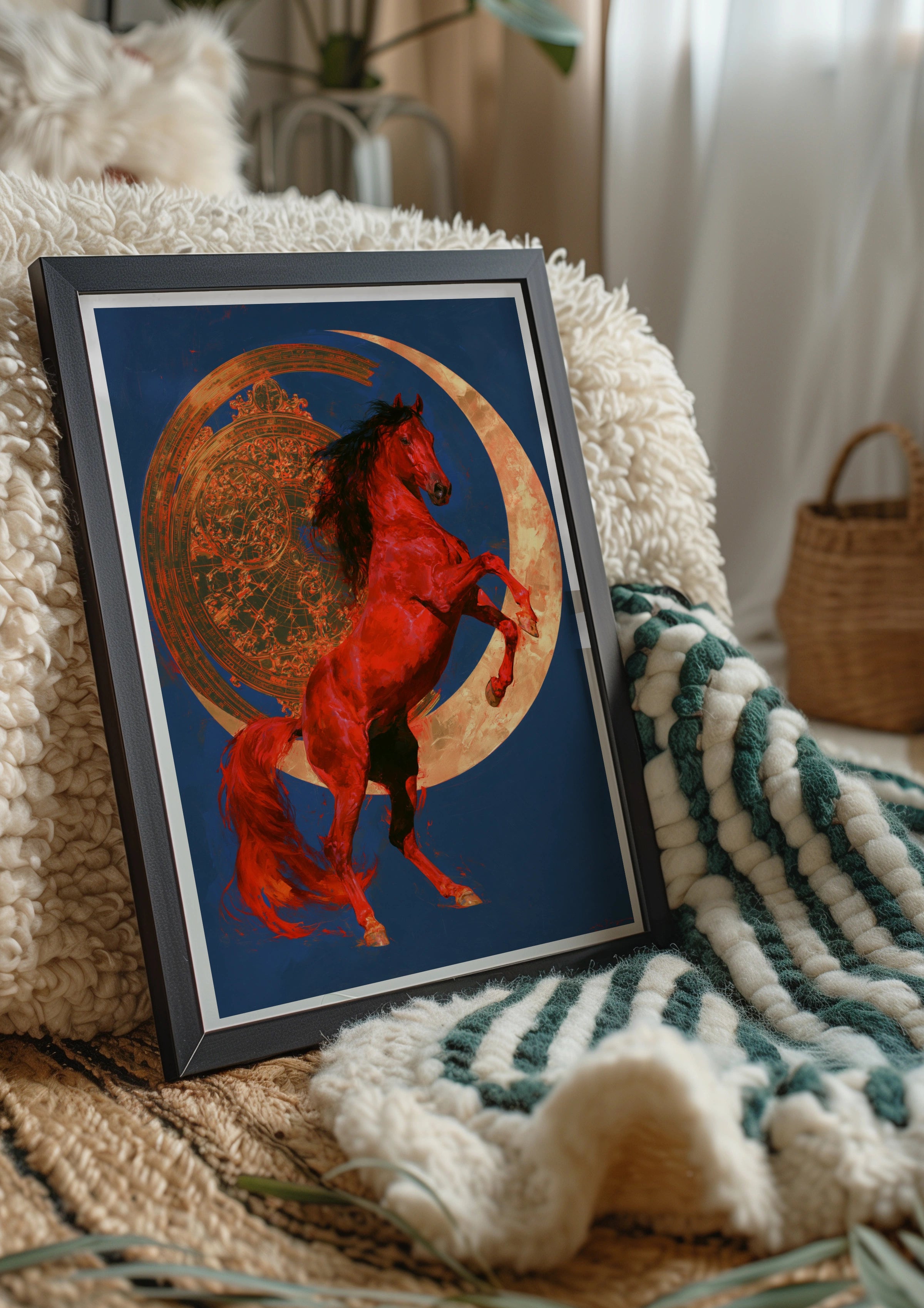 Rearing Red Horse Moon Poster, Celestial Equine Wall Art, Bold Dramatic Print