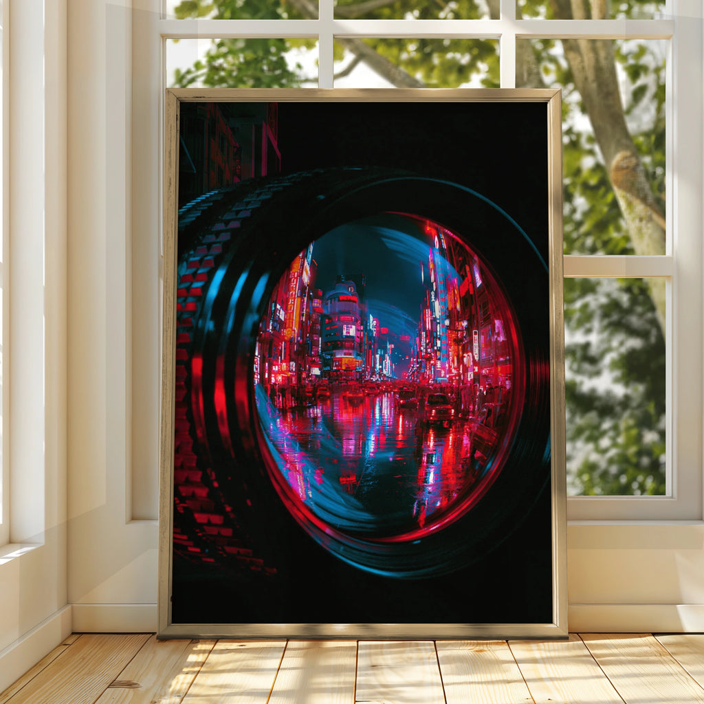 Tokyo Neon Night Camera Lens Poster, Cyberpunk Japan Street Art Print