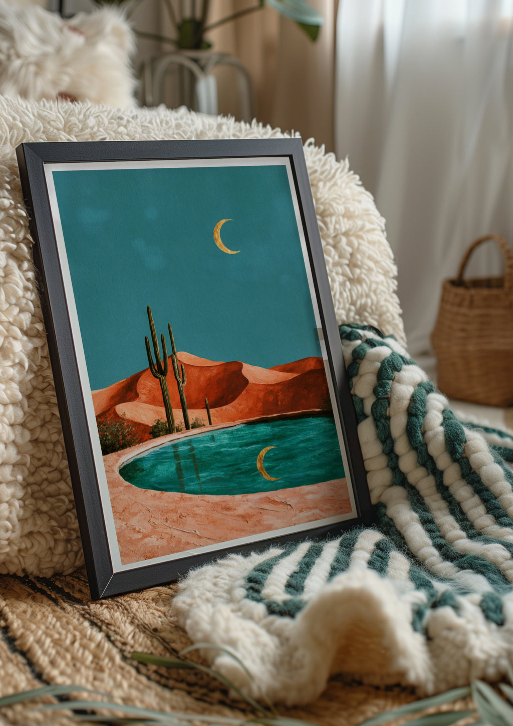 Cactus Moon Desert Pool Poster, Crescent Reflection Art, Boho Landscape Print