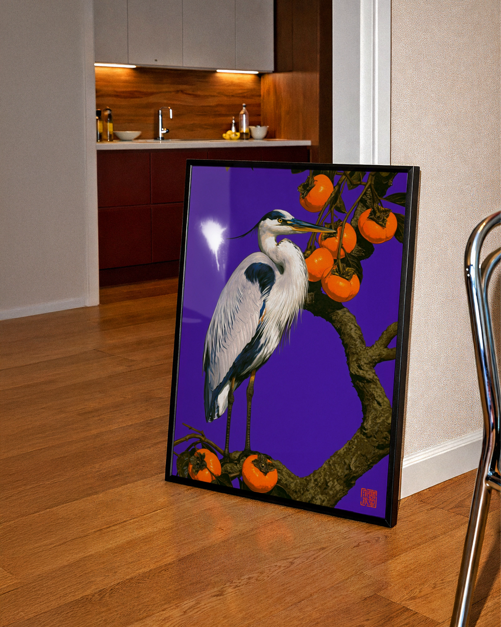 Heron & Persimmon Tree Poster, Japanese Bird Art, Bold Purple Wall Print