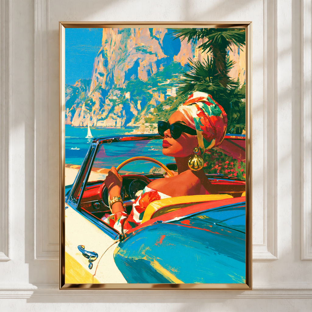 Woman in Convertible Car Coastal Italy Wall Art, Retro Travel Poster