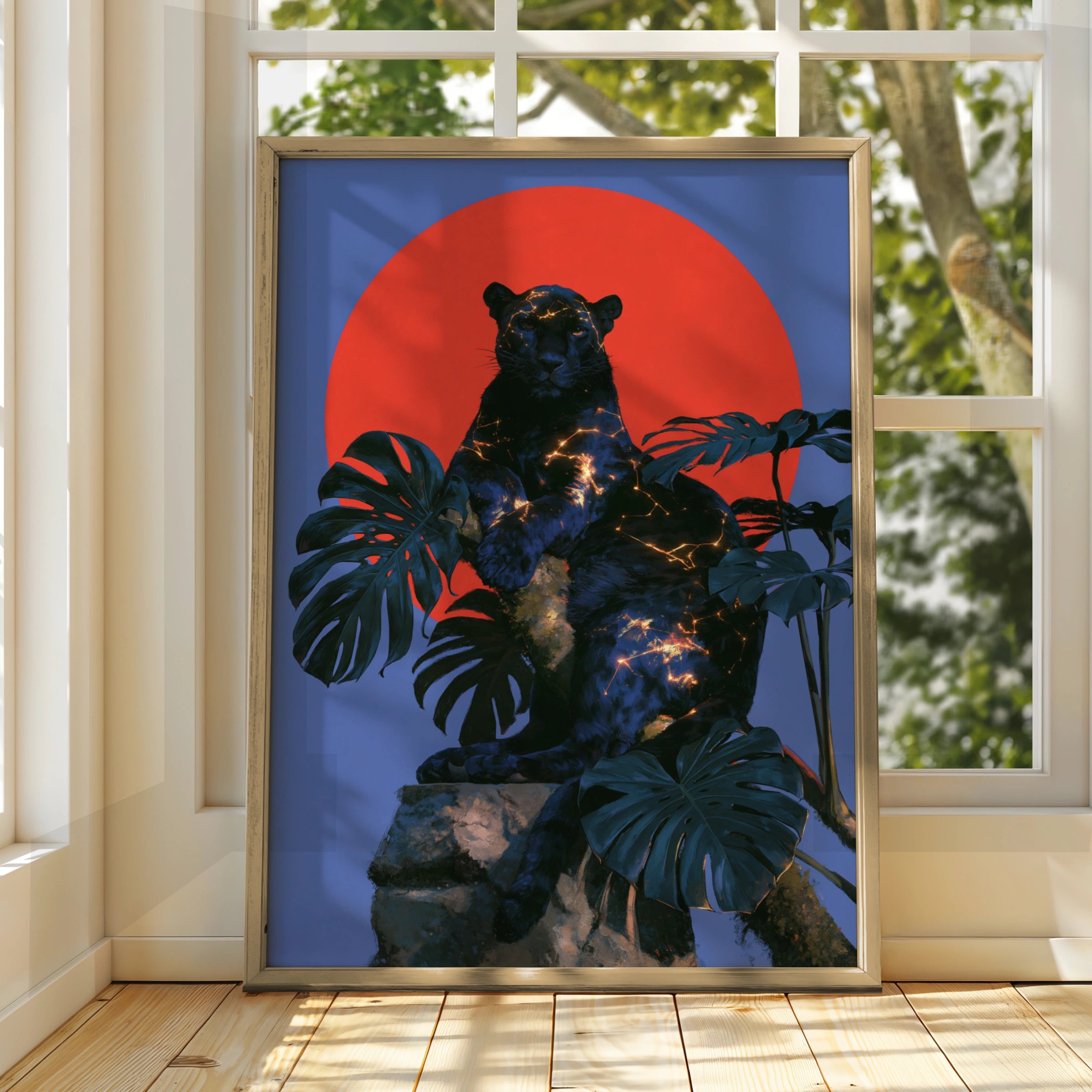 Black Panther Red Sun Monstera Poster, Celestial Big Cat Art Print