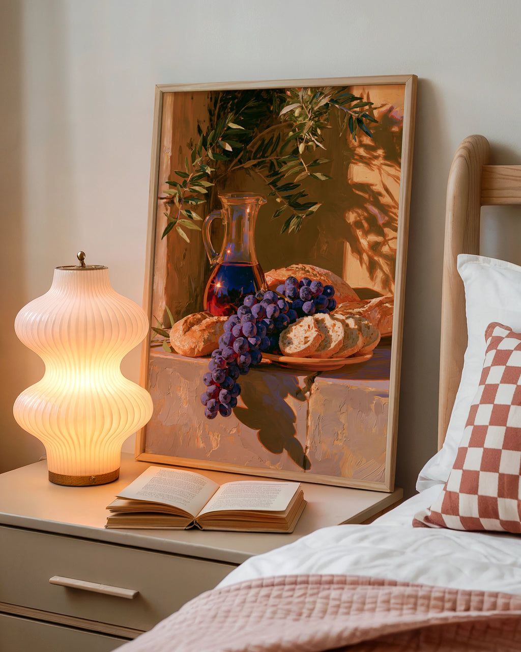 Grapes Wine Bread Still Life Poster, Mediterranean Sunlight, Oil Painting Style