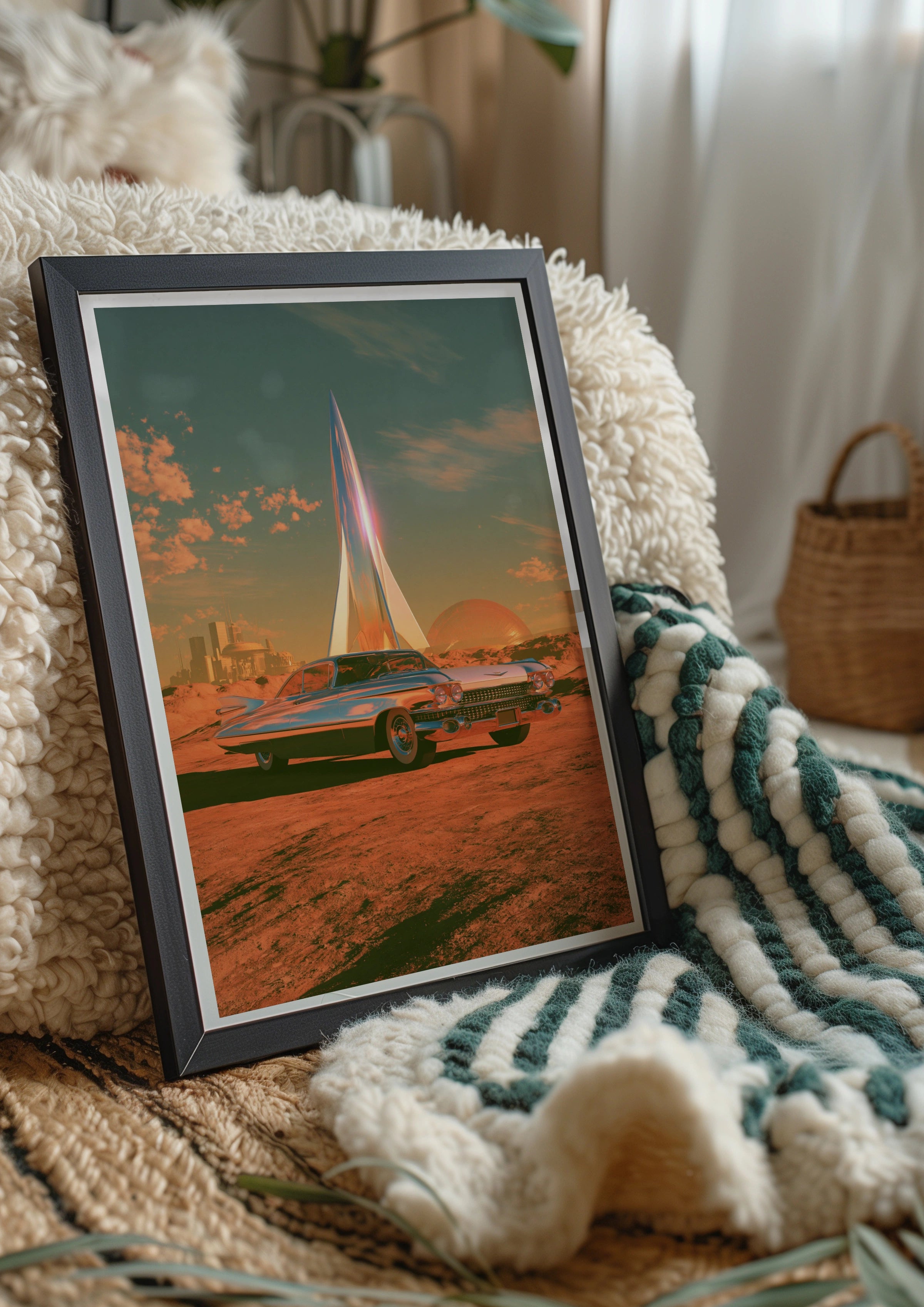 Retro Futuristic Car Planet Rocket Poster, Classic Cadillac Space Art Print