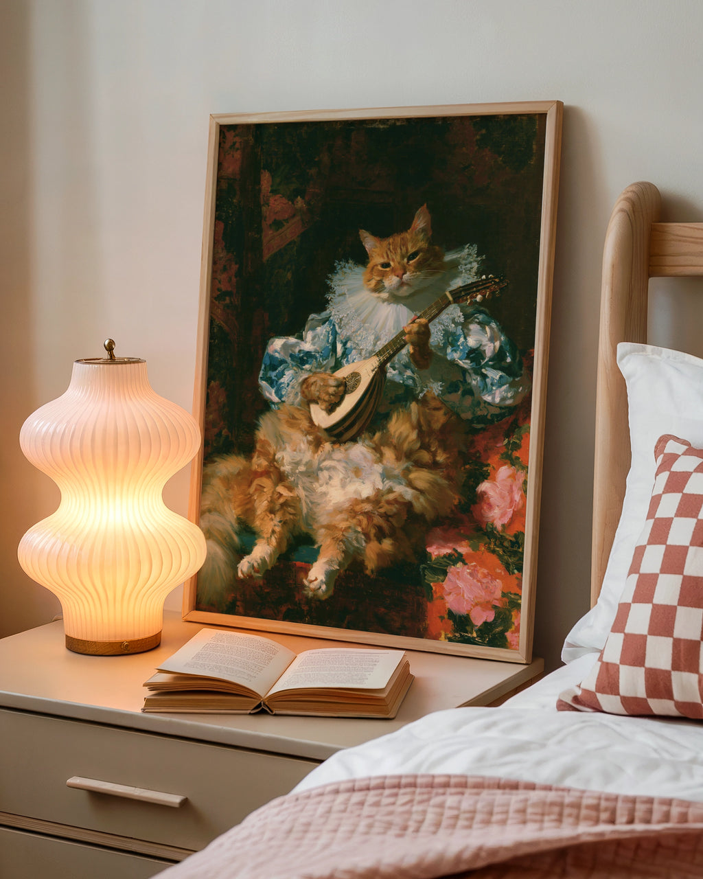 Cat Playing Lute Poster, Baroque Animal Portrait, Renaissance Musician Wall Art