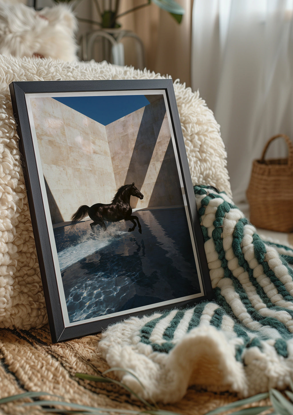 Black Horse Splashing Water, Wall Art Poster, Contemporary Photography Style