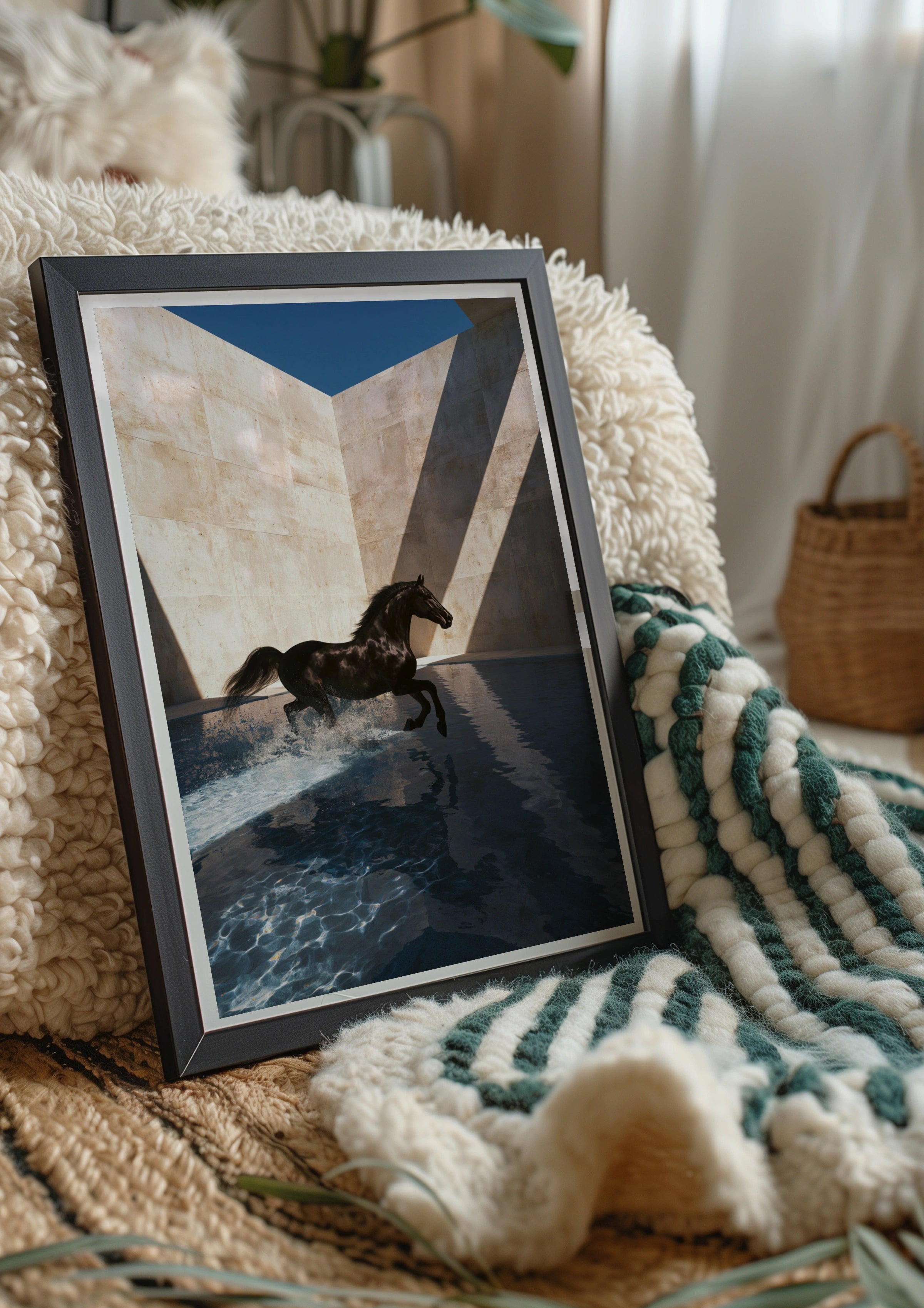 Black Horse Splashing Water, Wall Art Poster, Contemporary Photography Style