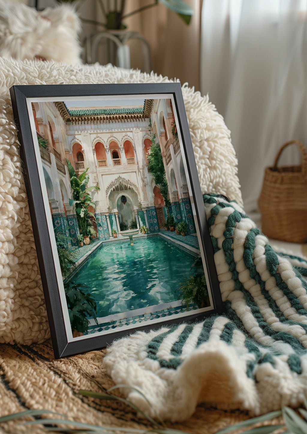 Moroccan Riad Courtyard Poster, Turquoise Pool Fountain, Ethnic Architecture Print