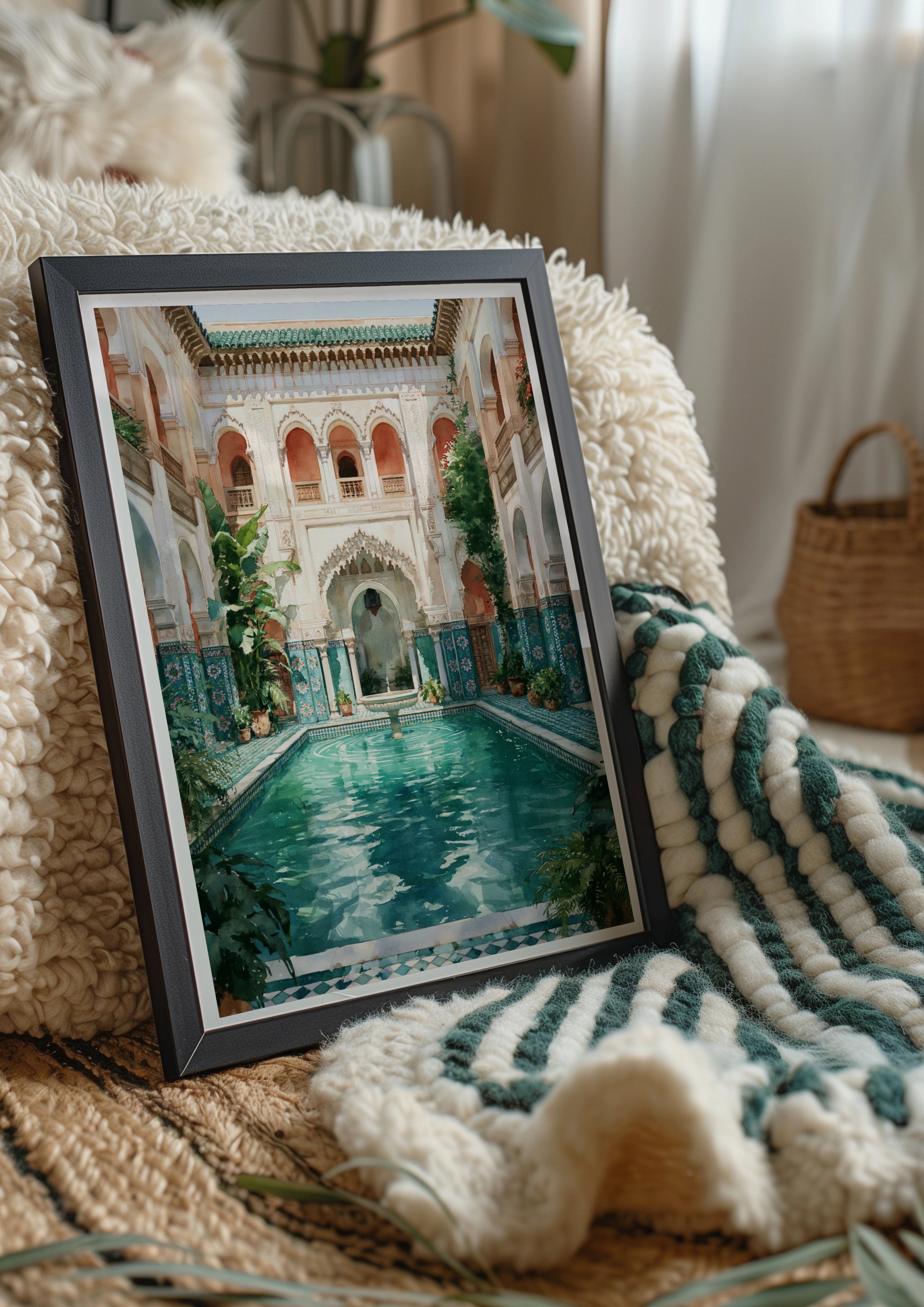 Moroccan Riad Courtyard Poster, Turquoise Pool Fountain, Ethnic Architecture Print