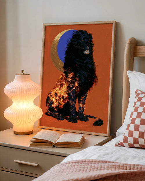 Black Lion Moon Wall Art Poster, Celestial Wildlife Print, Bold Red Gold