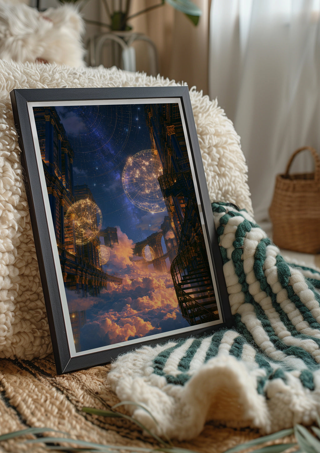 Celestial Library Sky City Poster, Fantasy Architecture Art Print, Starry Night