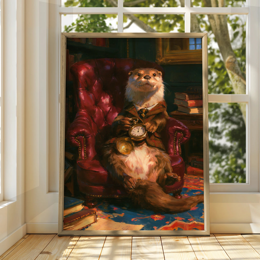 Dapper Otter Portrait Poster, Pocket Watch Library Armchair, Oil Painting Style