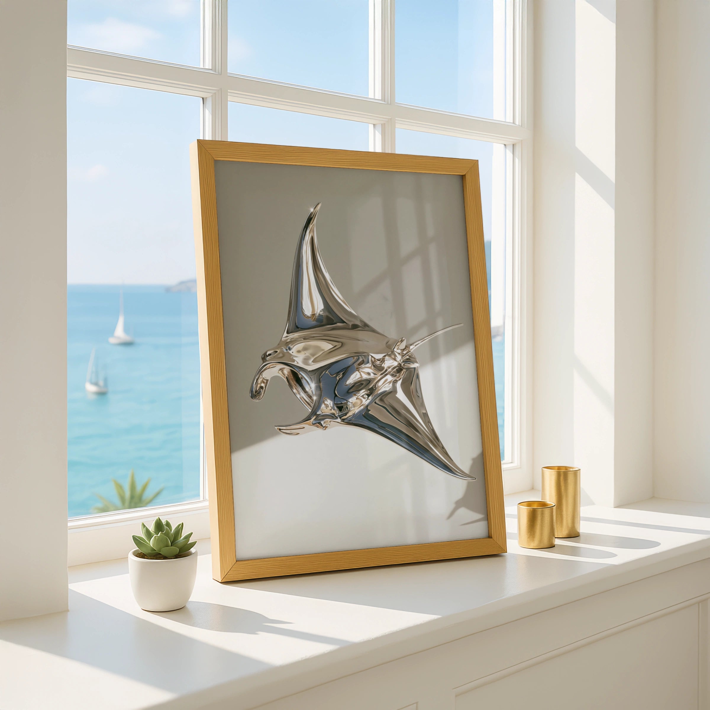 Manta Ray Poster, Chrome Sculpture Art Print, Modern Minimalist Style