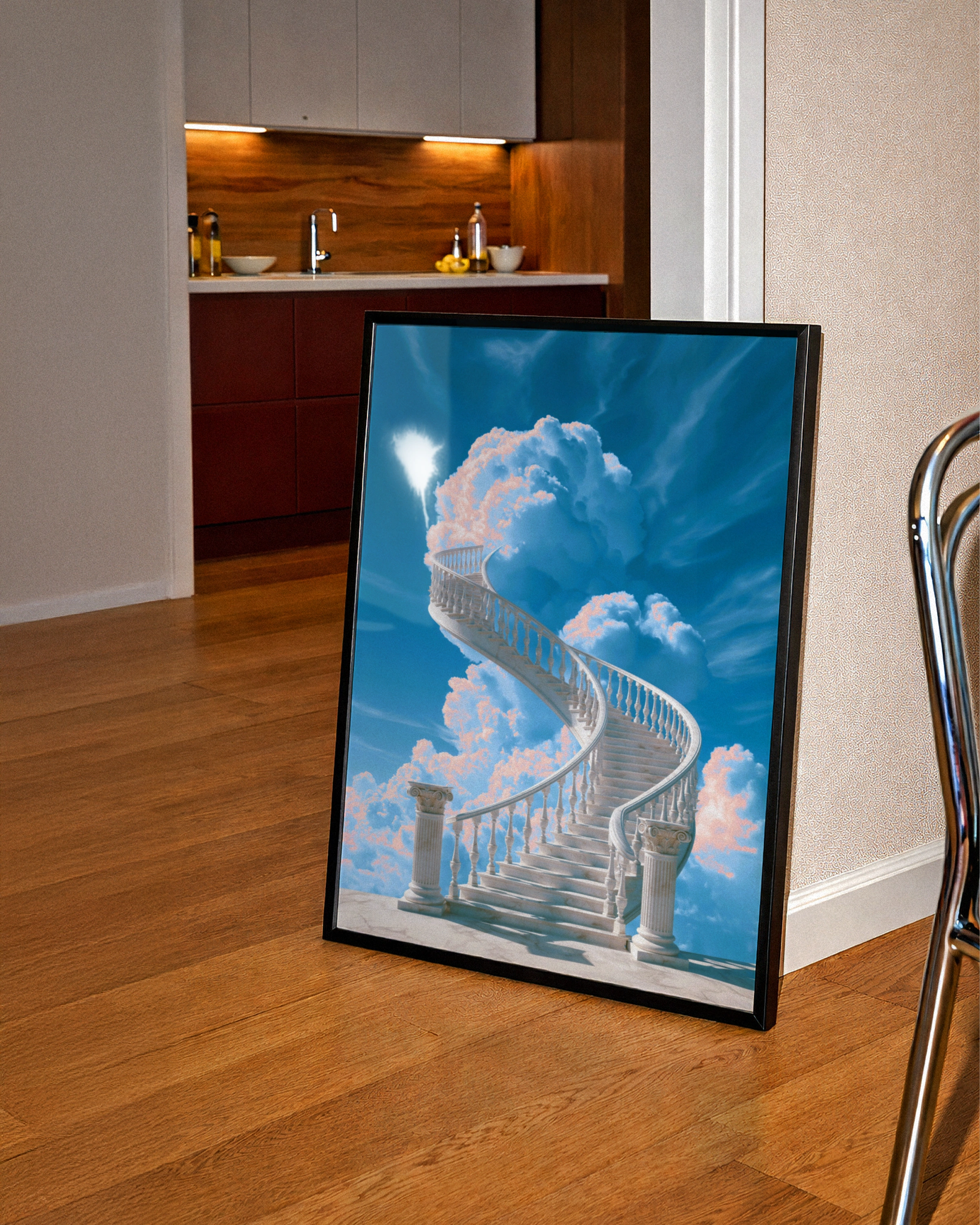Stairway to Heaven Poster, Marble Spiral Staircase, Classical Columns, Sky Art Print