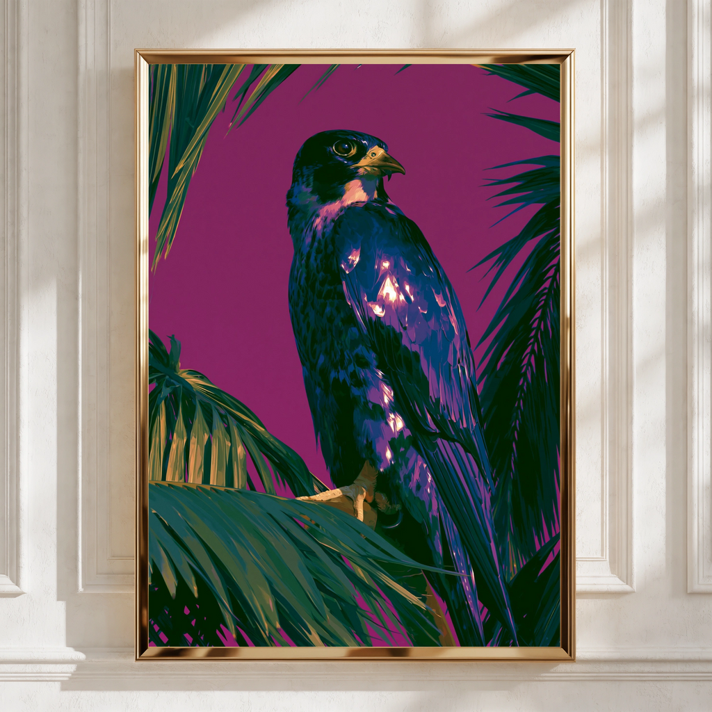 Falcon Purple Wall Art Poster, Bird of Prey Print, Tropical Illustrated Style