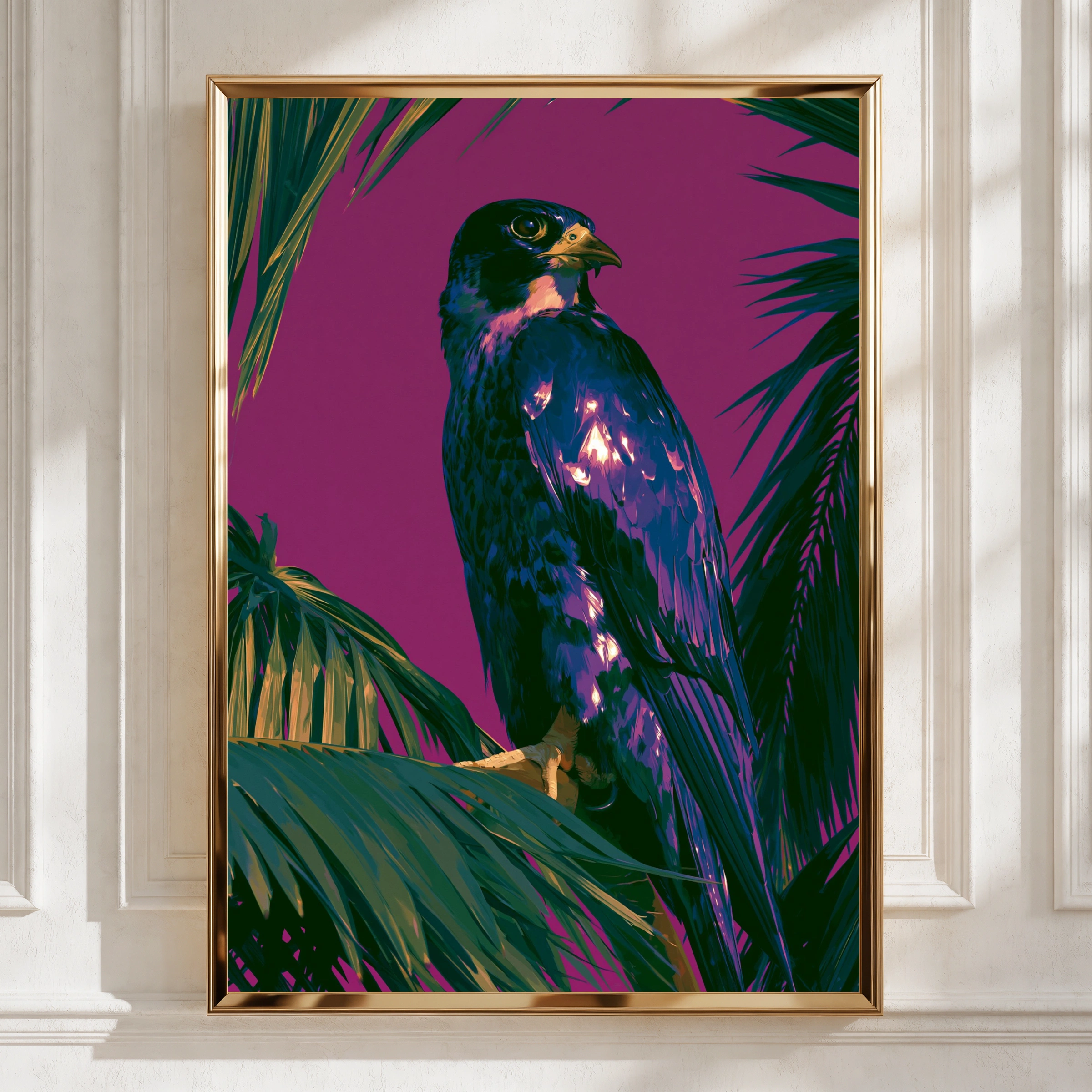 Falcon Purple Wall Art Poster, Bird of Prey Print, Tropical Illustrated Style