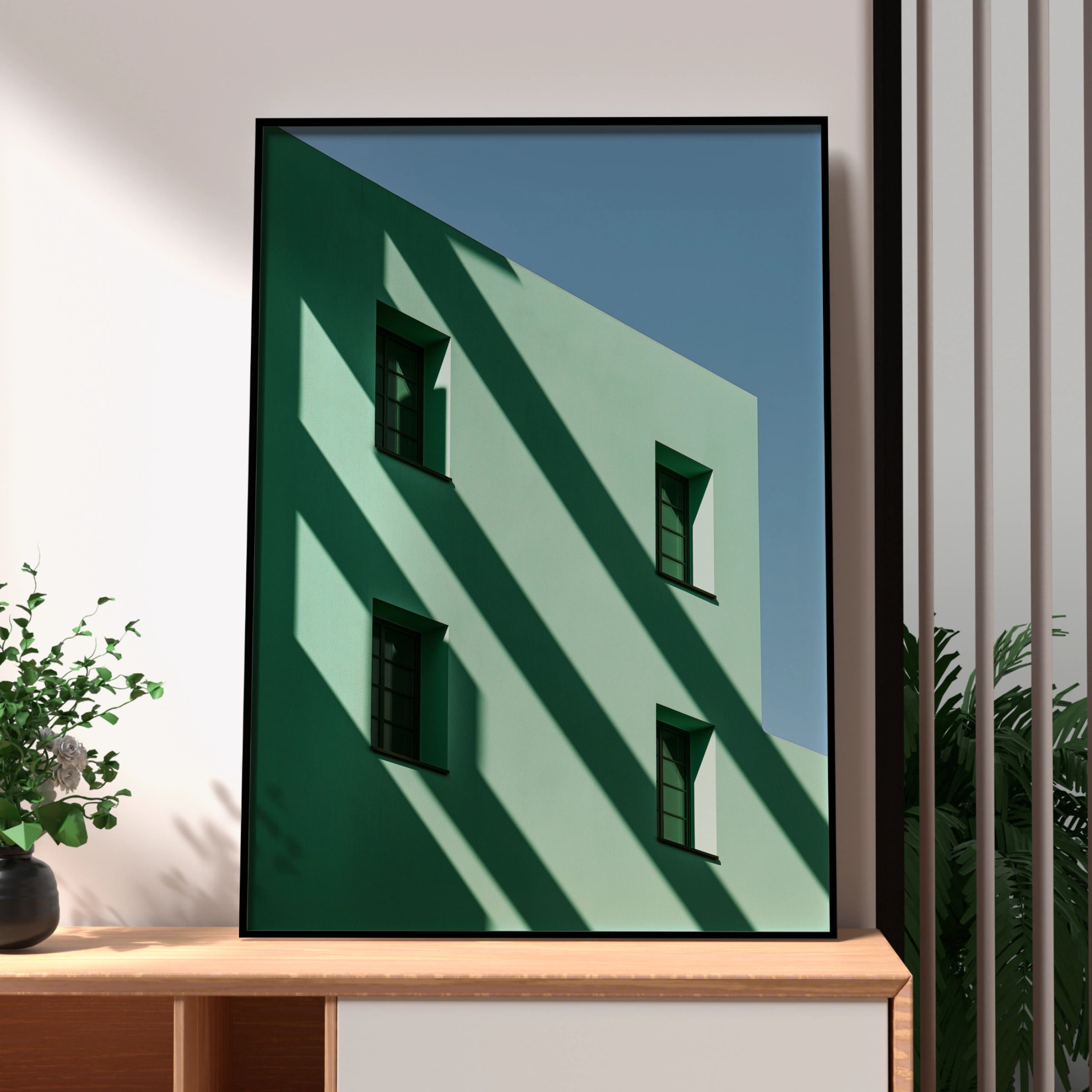 Green Architecture Shadow Poster, Minimalist Building Wall Art, Modern Print