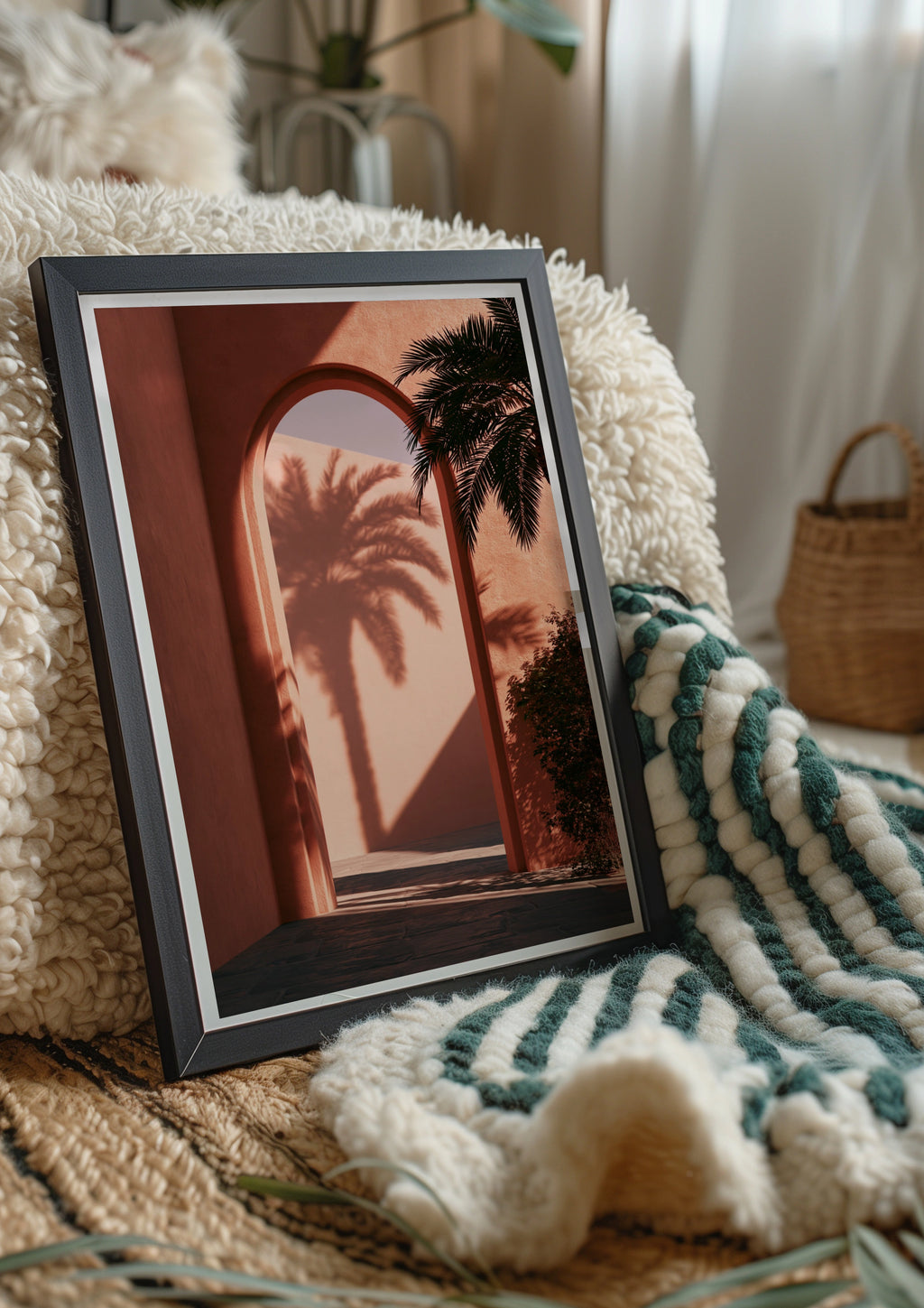 Terracotta Arch Palm Shadow Wall Art Poster, Mediterranean Architecture Print
