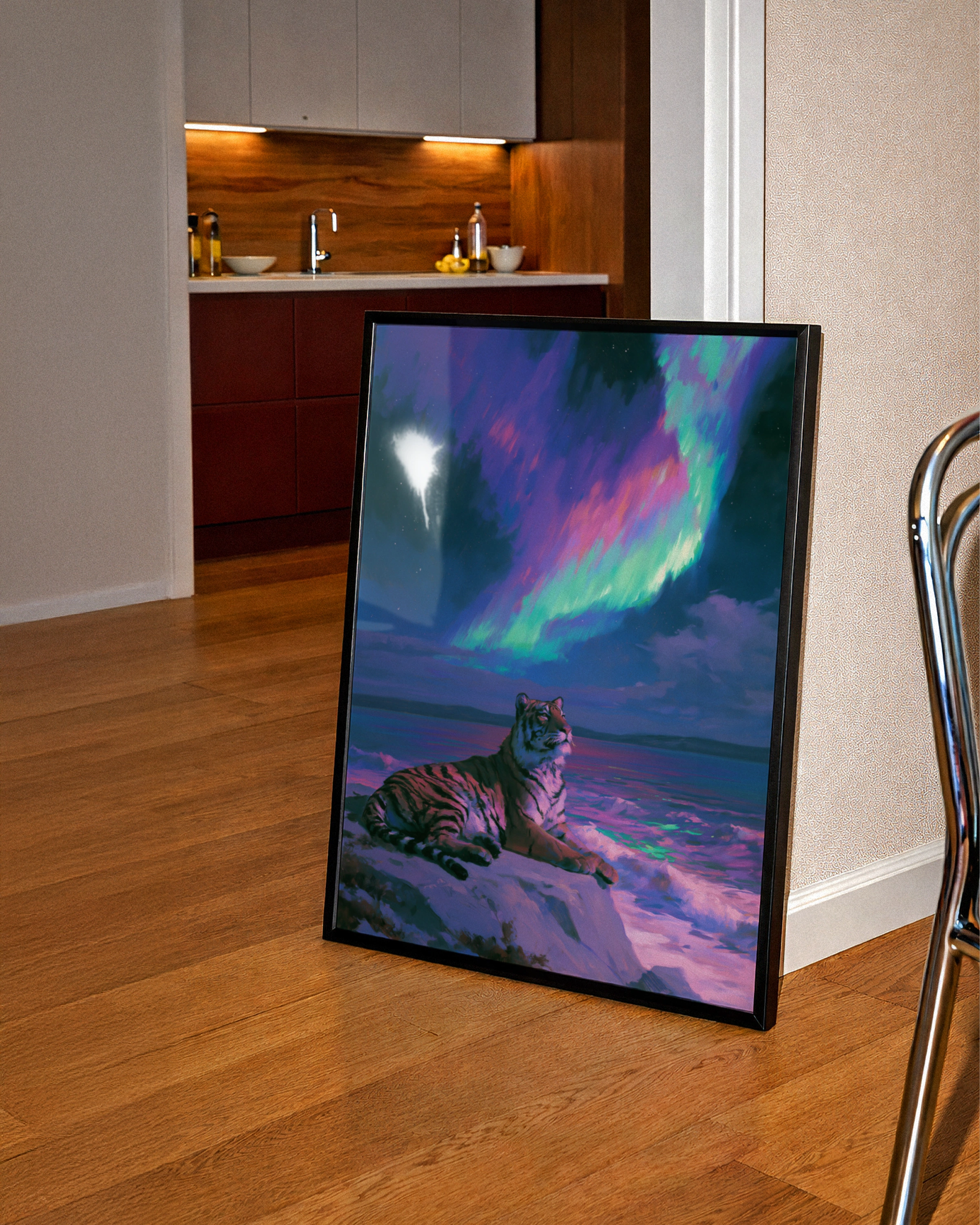 Tiger Aurora Borealis Poster, Northern Lights Wildlife Art Print, Vivid Night Sky