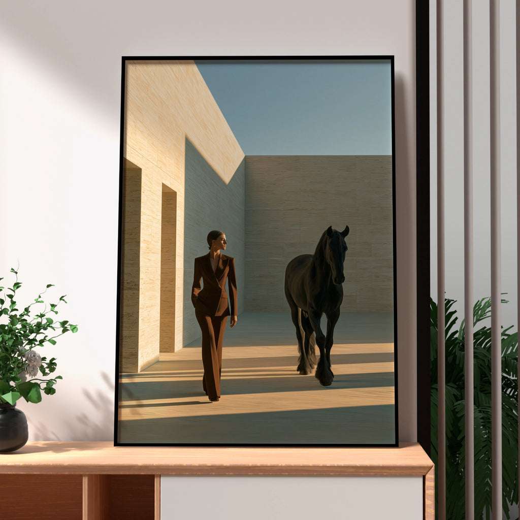 Woman Black Stallion Minimalist Poster, Elegant Horse Art Print, Modern Wall Art