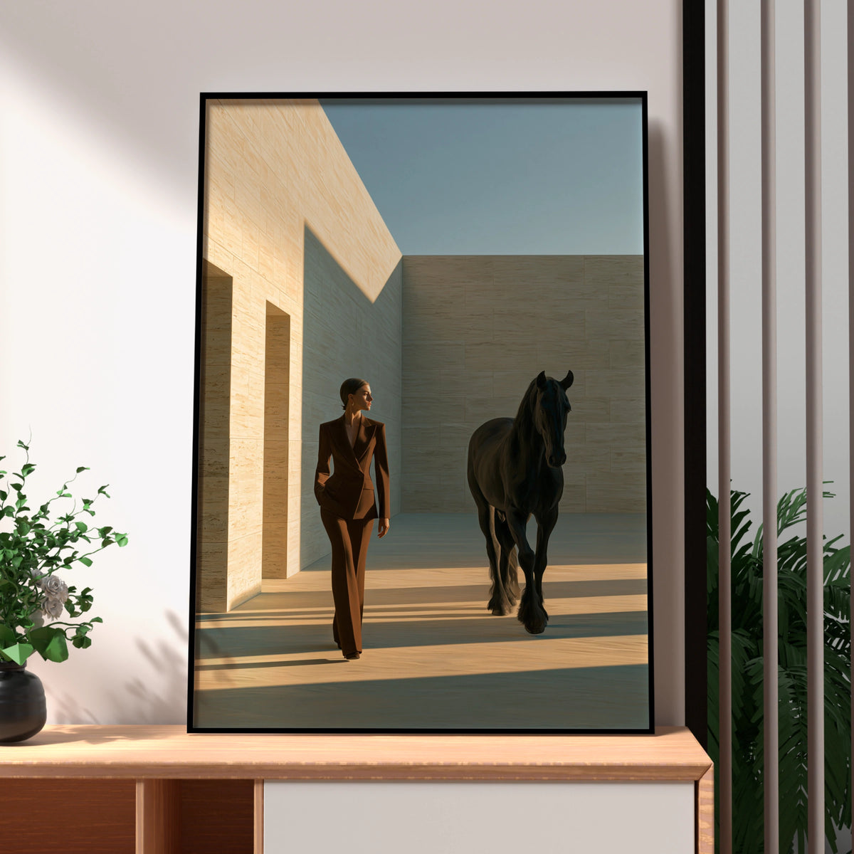 Woman Black Stallion Minimalist Poster, Elegant Horse Art Print, Modern Wall Art