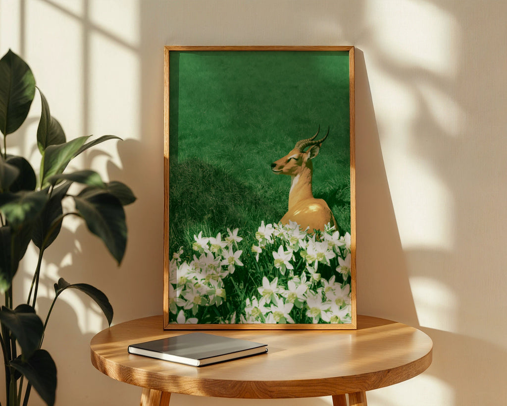Antelope in Flowers Poster, Wildlife Botanical Wall Art, Green Nature Print