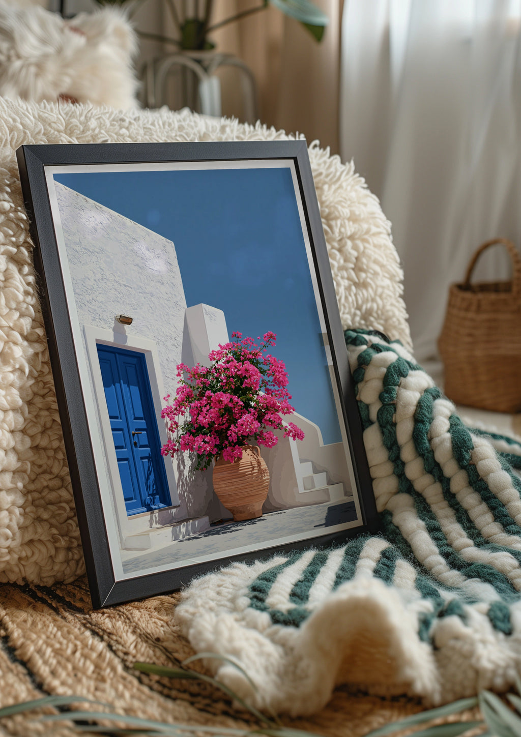 Greek Courtyard Bougainvillea Poster, Blue Door White Wall, Mediterranean Art Print