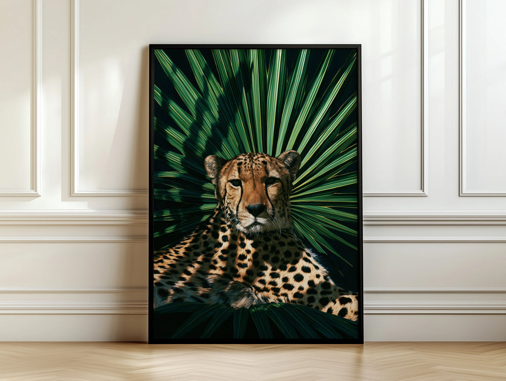 Cheetah Palm Shadow Poster, Tropical Wildlife Wall Art, Dark Botanical Print