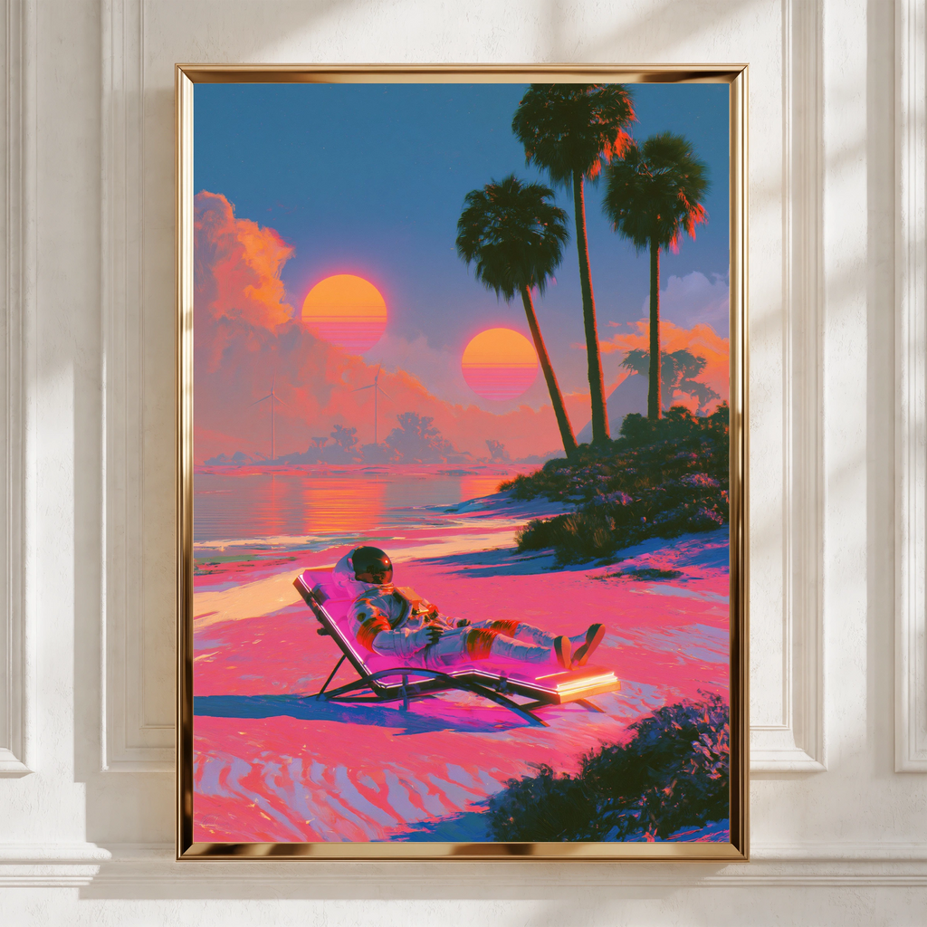 Astronaut on Sun Lounger Beach Poster, Retro Sci-Fi Wall Art, Vaporwave Print