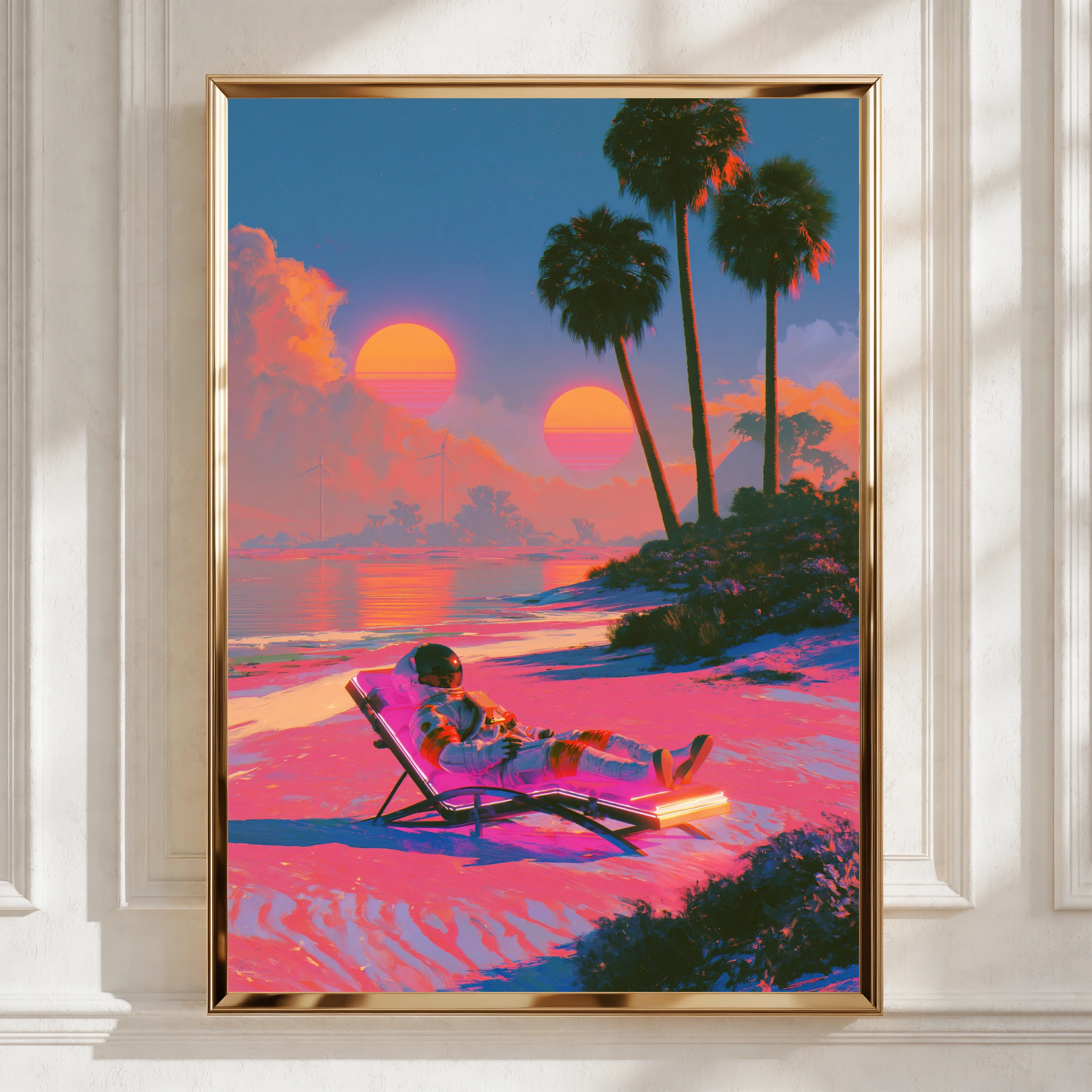 Astronaut on Sun Lounger Beach Poster, Retro Sci-Fi Wall Art, Vaporwave Print