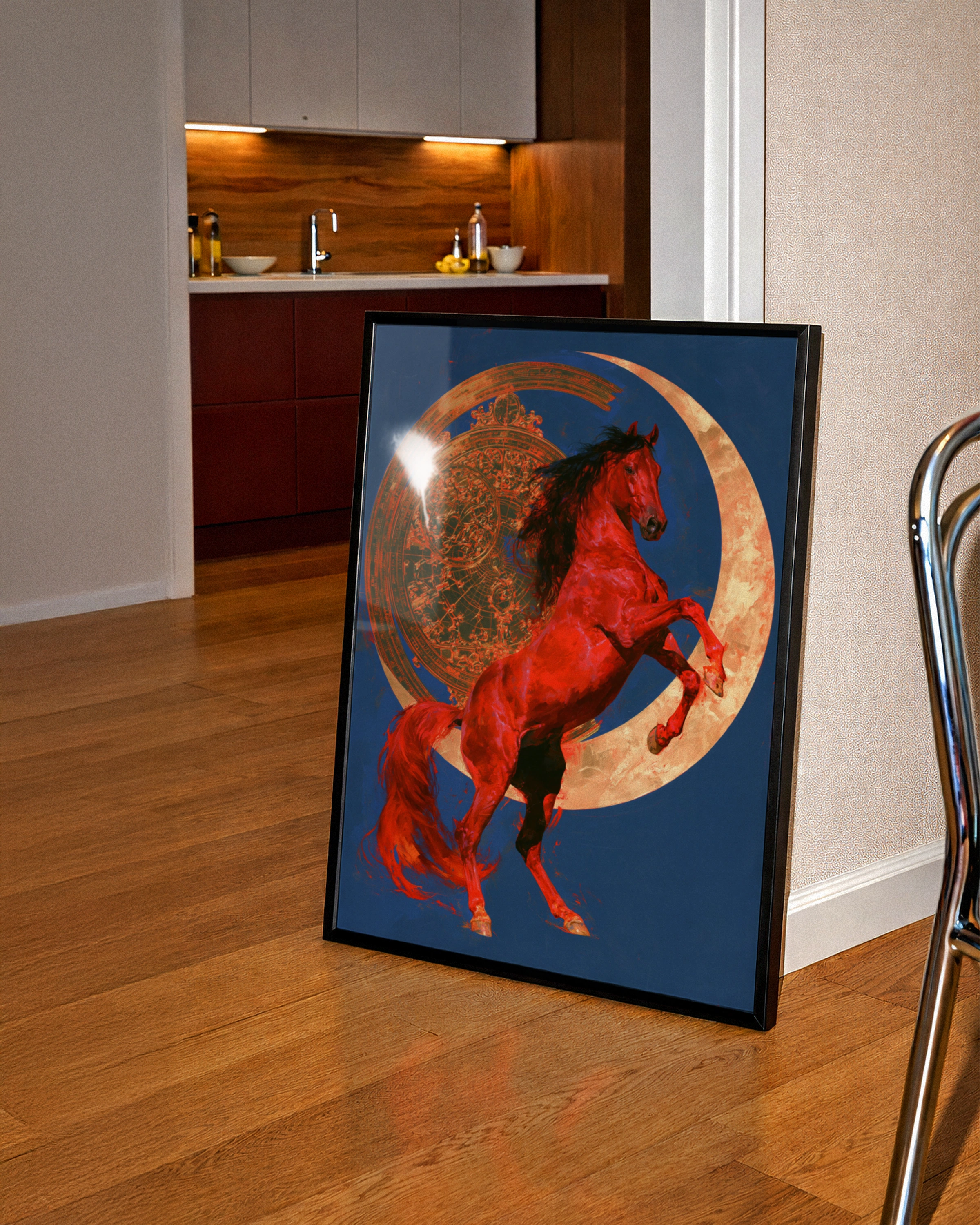 Rearing Red Horse Moon Poster, Celestial Equine Wall Art, Bold Dramatic Print
