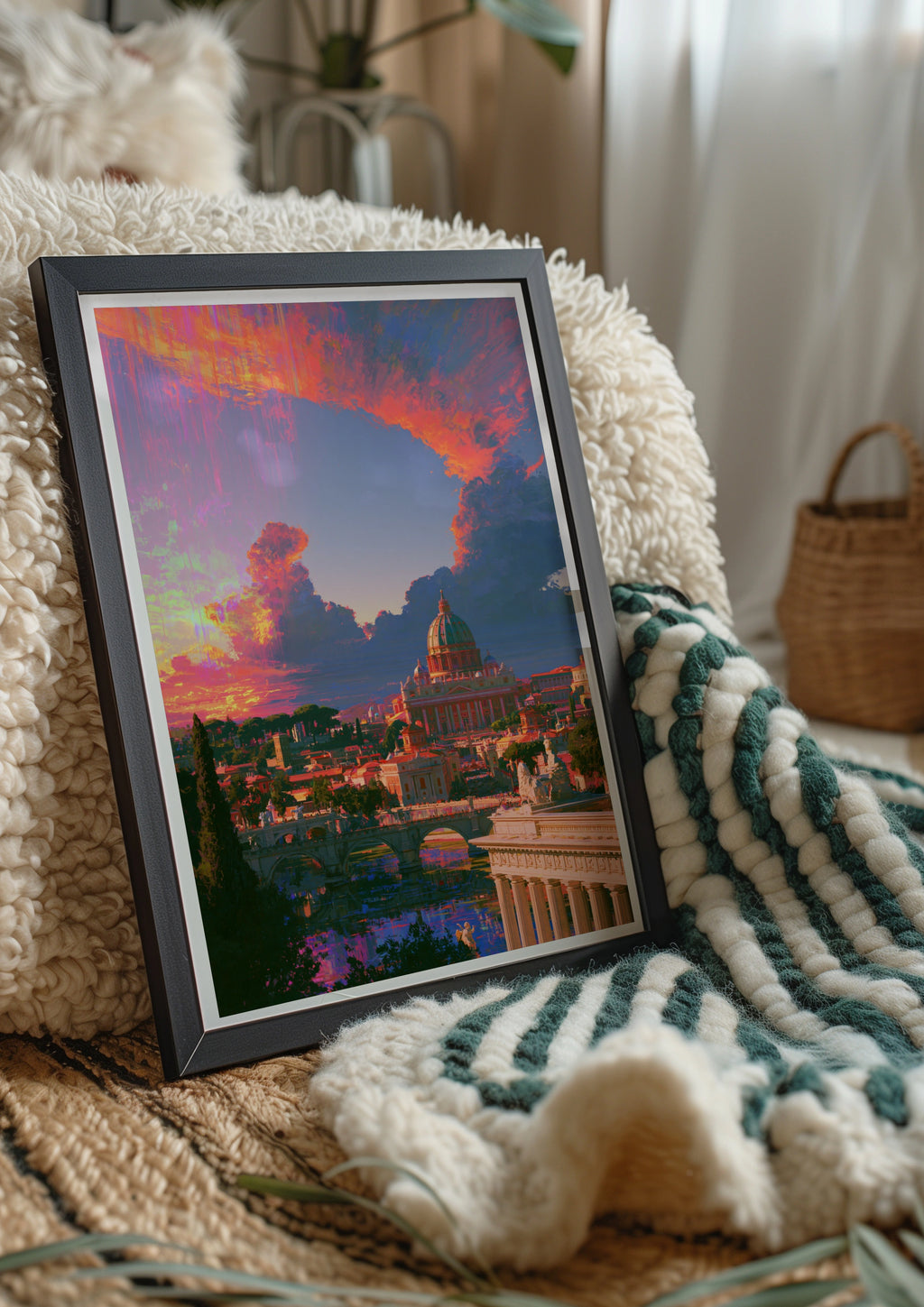 Rome Sunset Skyline Poster, St Peter's Basilica, Vibrant Orange Sky Art Print