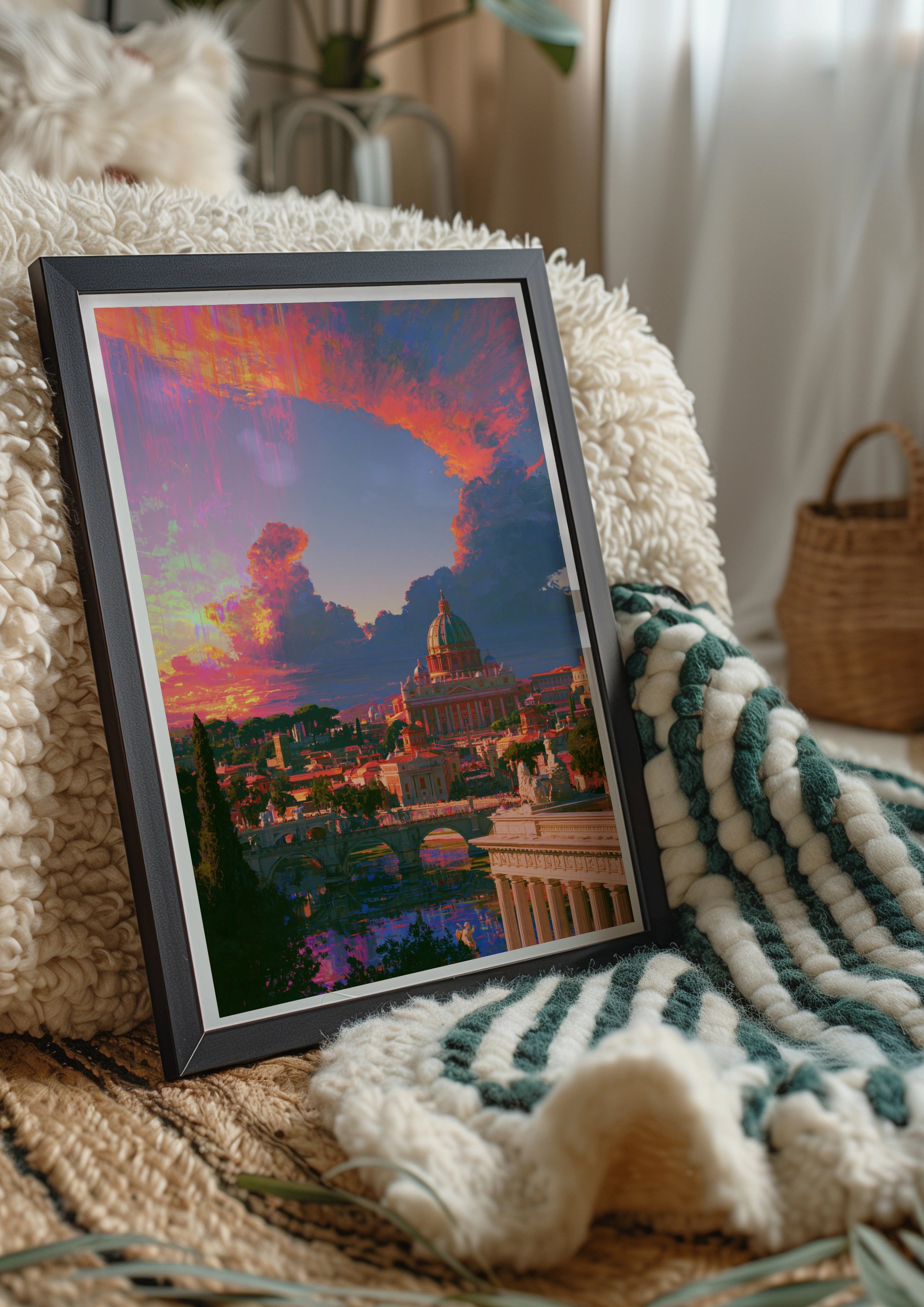 Rome Sunset Skyline Poster, St Peter's Basilica, Vibrant Orange Sky Art Print