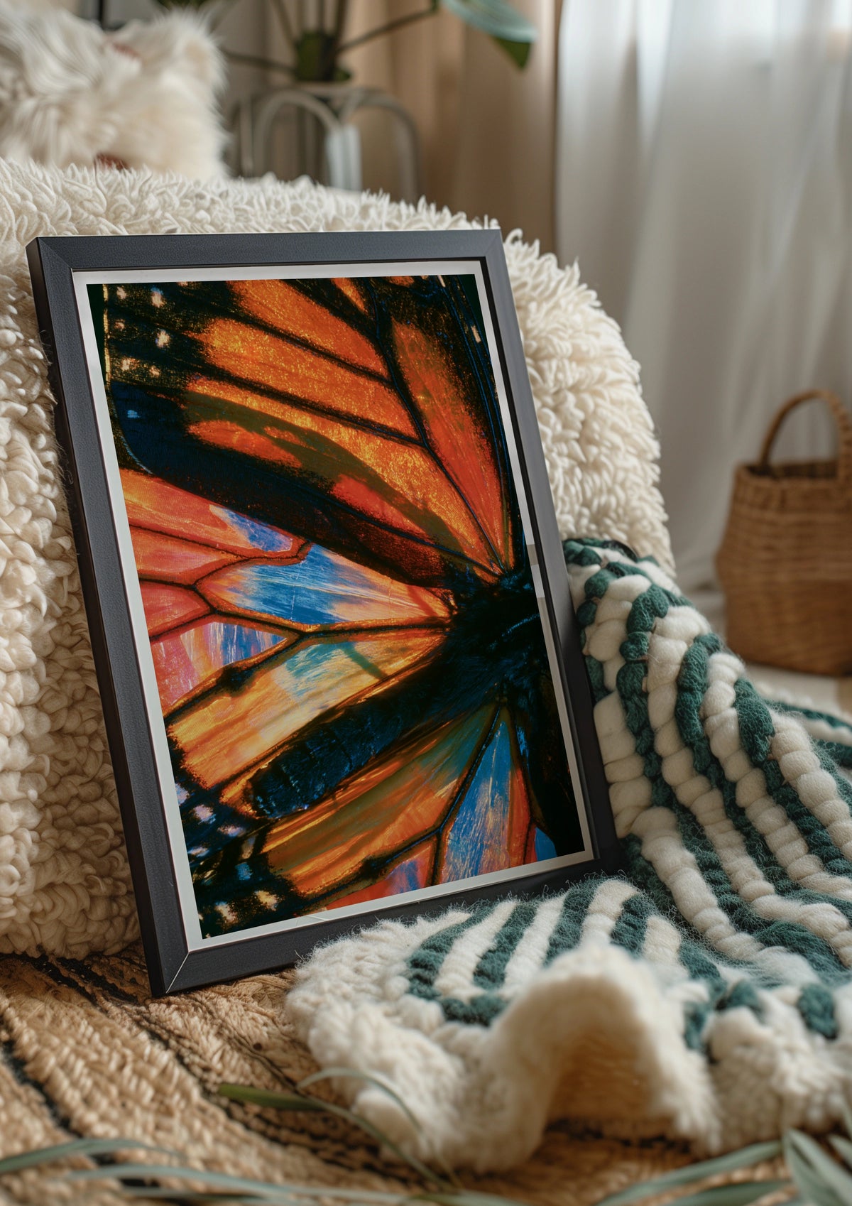 Butterfly Wing Close Up Poster, Macro Nature Photography Print, Orange Blue