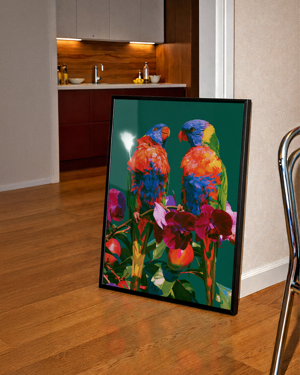 Rainbow Lorikeet Parrots Orchids Poster, Tropical Bird Wall Art Print