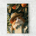 Cat in Straw Hat Orange Tree Garden Poster, Painterly Wall Art