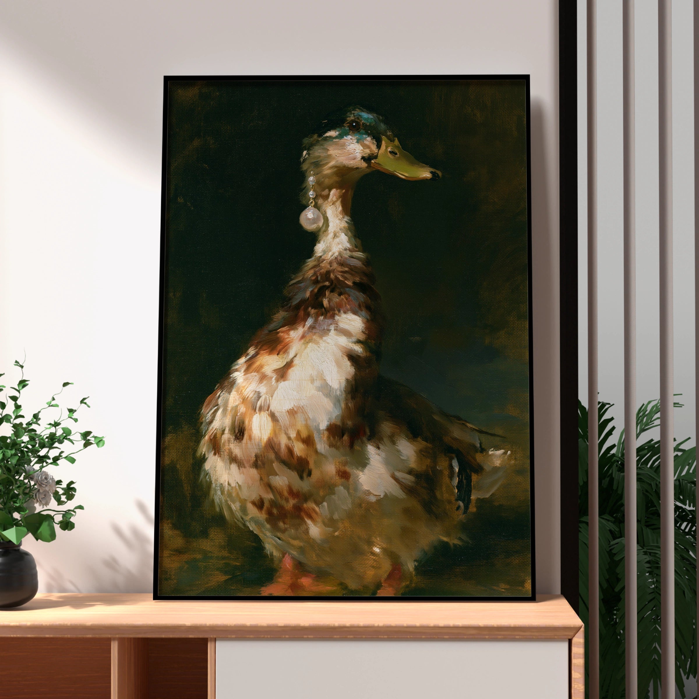 Duck with Pearl Earring Wall Art Poster, Funny Animal Portrait, Old Master Style