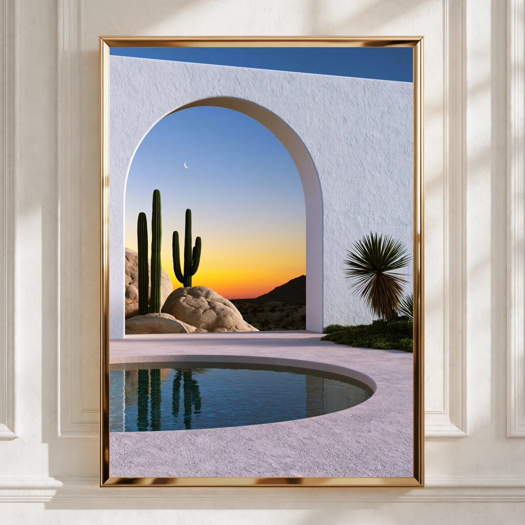 Desert Cactus Arch Pool Sunset Poster, Minimalist Architecture Wall Art Print