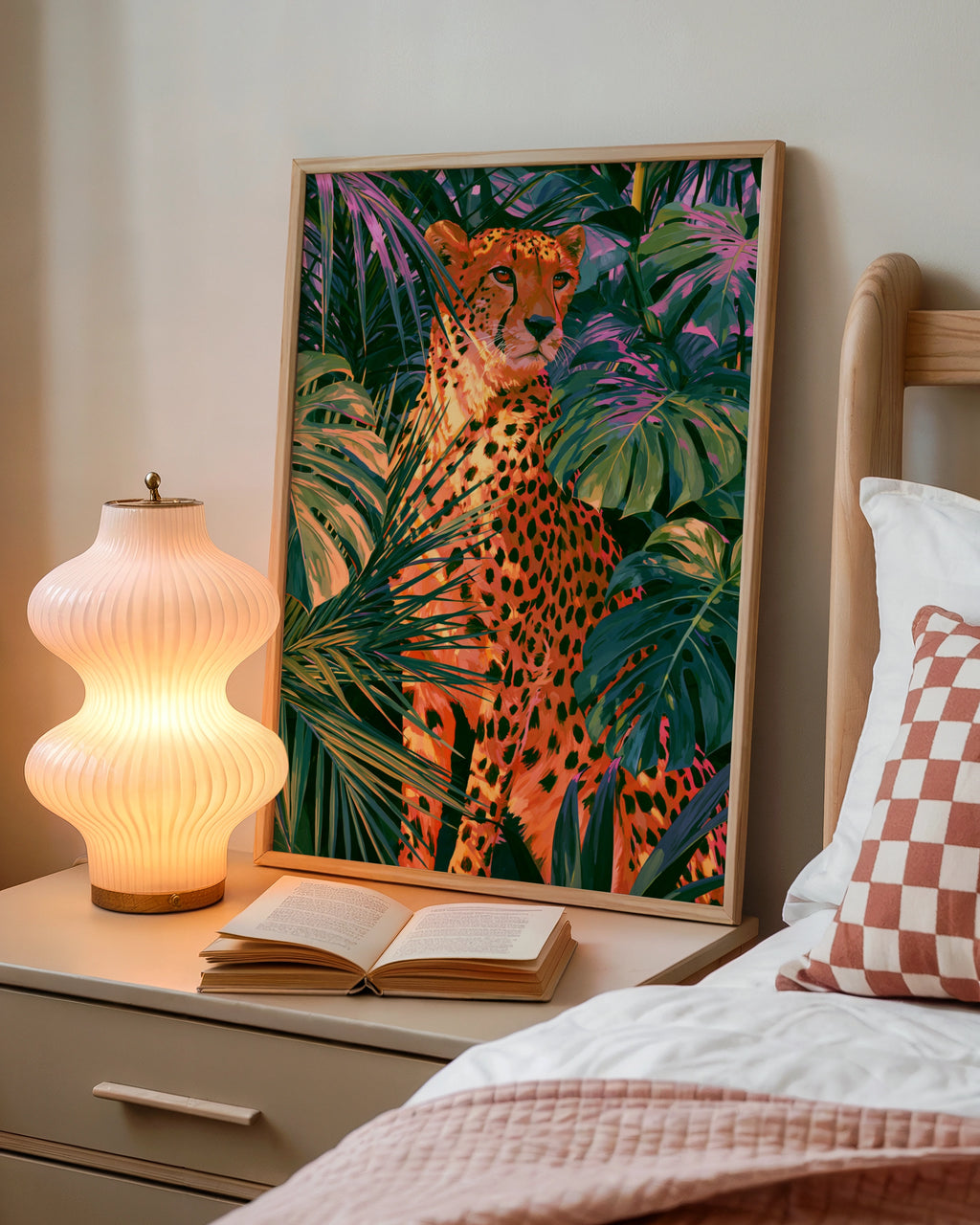 Cheetah Tropical Jungle Poster, Palm Monstera Leaves, Bold Colourful Wall Art