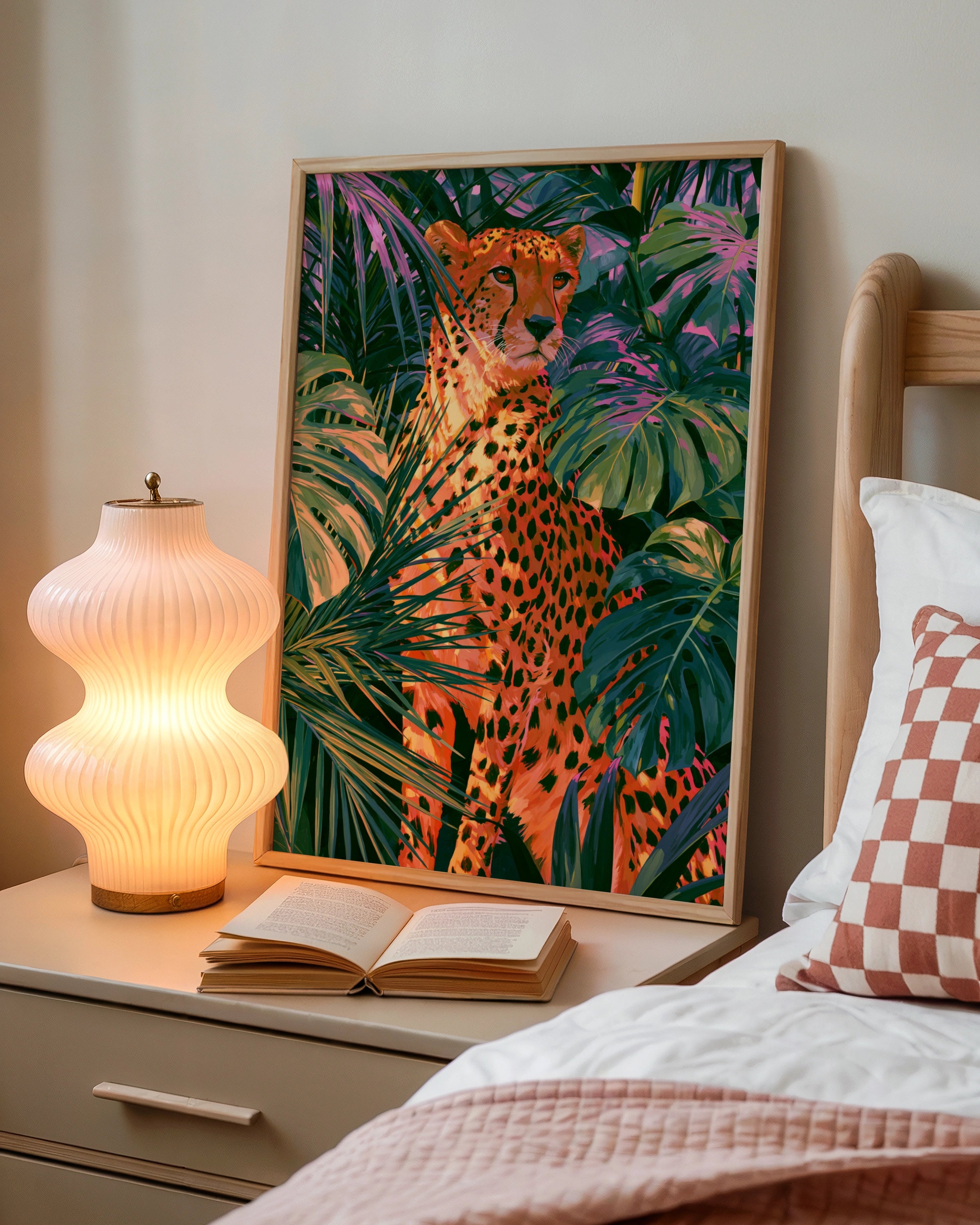 Cheetah Tropical Jungle Poster, Palm Monstera Leaves, Bold Colourful Wall Art