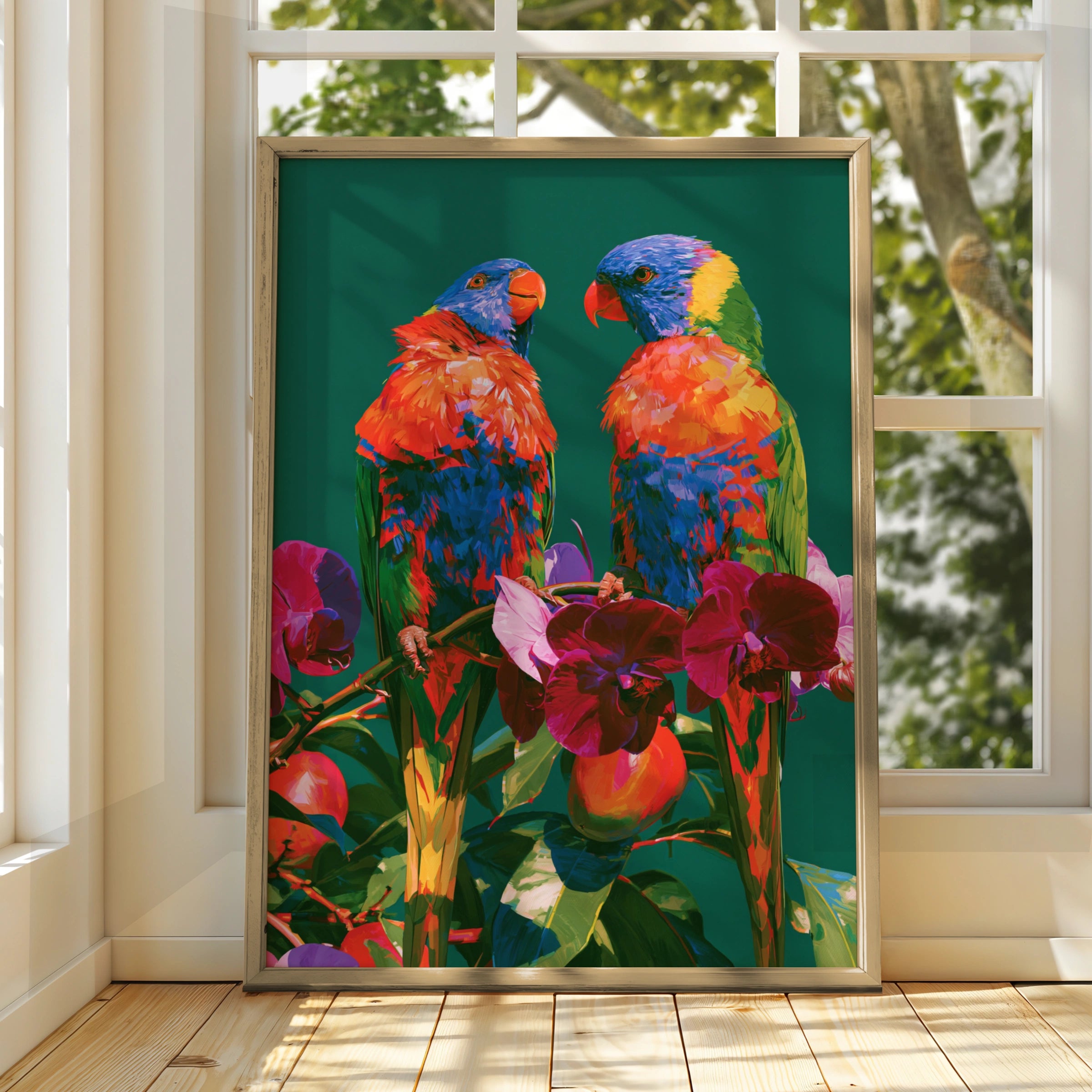 Rainbow Lorikeet Parrots Orchids Poster, Tropical Bird Wall Art Print