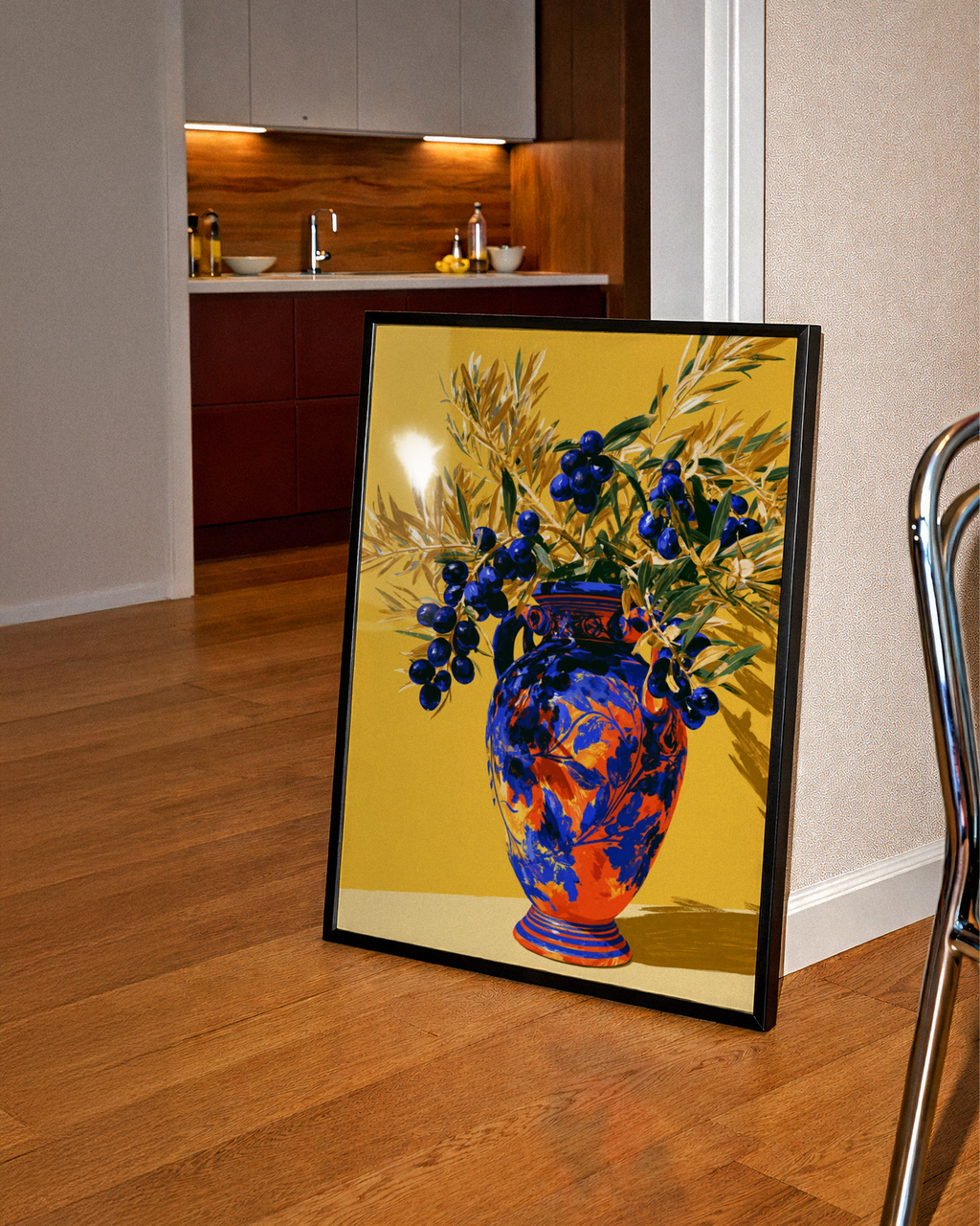 Olive Branch Vase Poster, Bold Botanical Wall Art, Mediterranean Style Print