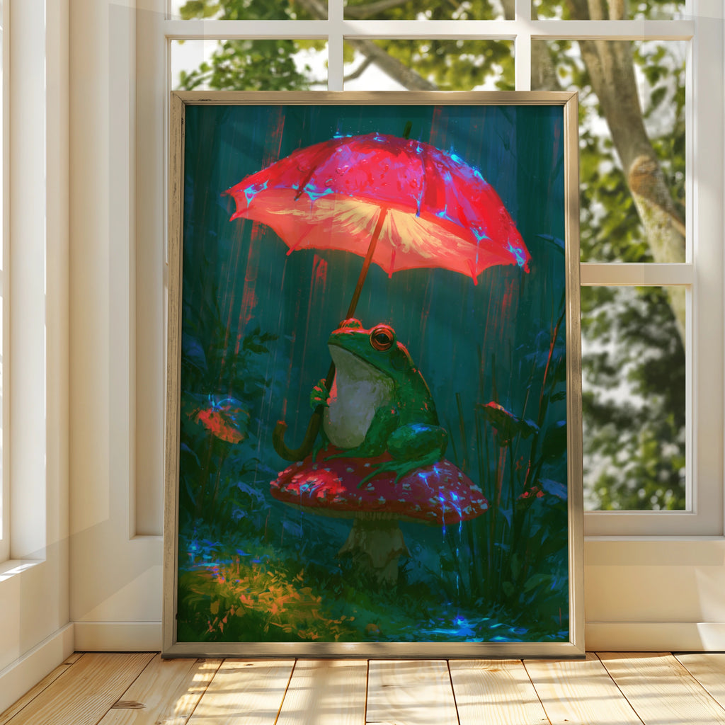 Frog on Mushroom with Umbrella Wall Art Poster, Whimsical Forest Print